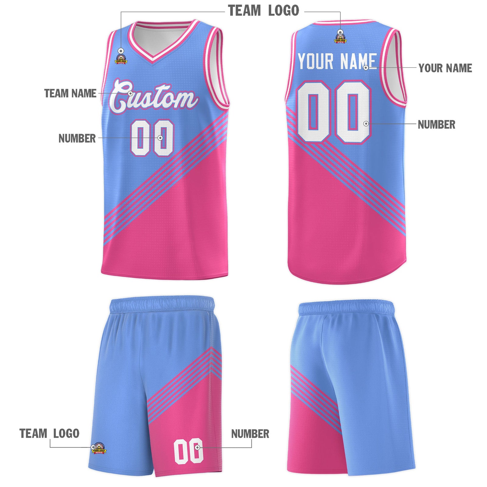Custom Light Blue Pink White Diagonal Stripes Color Block Sets Basketball Jersey | For Men,For Youth,Sublimation Printed,Perfect for Training,Perfect for Teams | KXKSHOP