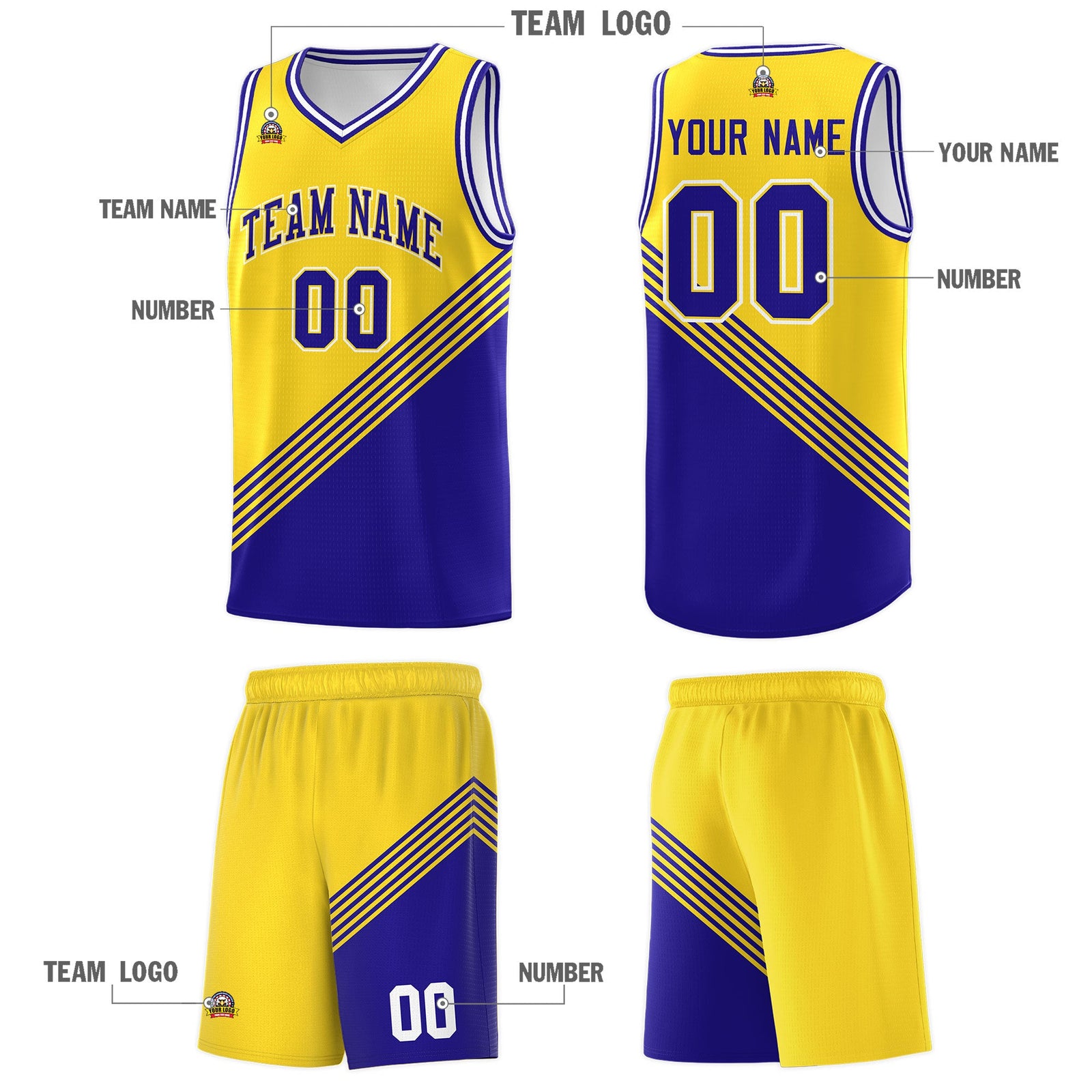 Custom Gold Royal Blue White Diagonal Stripes Color Block Sets Basketball Jersey | For Men,For Youth,Sublimation Printed,Perfect for Training,Perfect for Teams | KXKSHOP