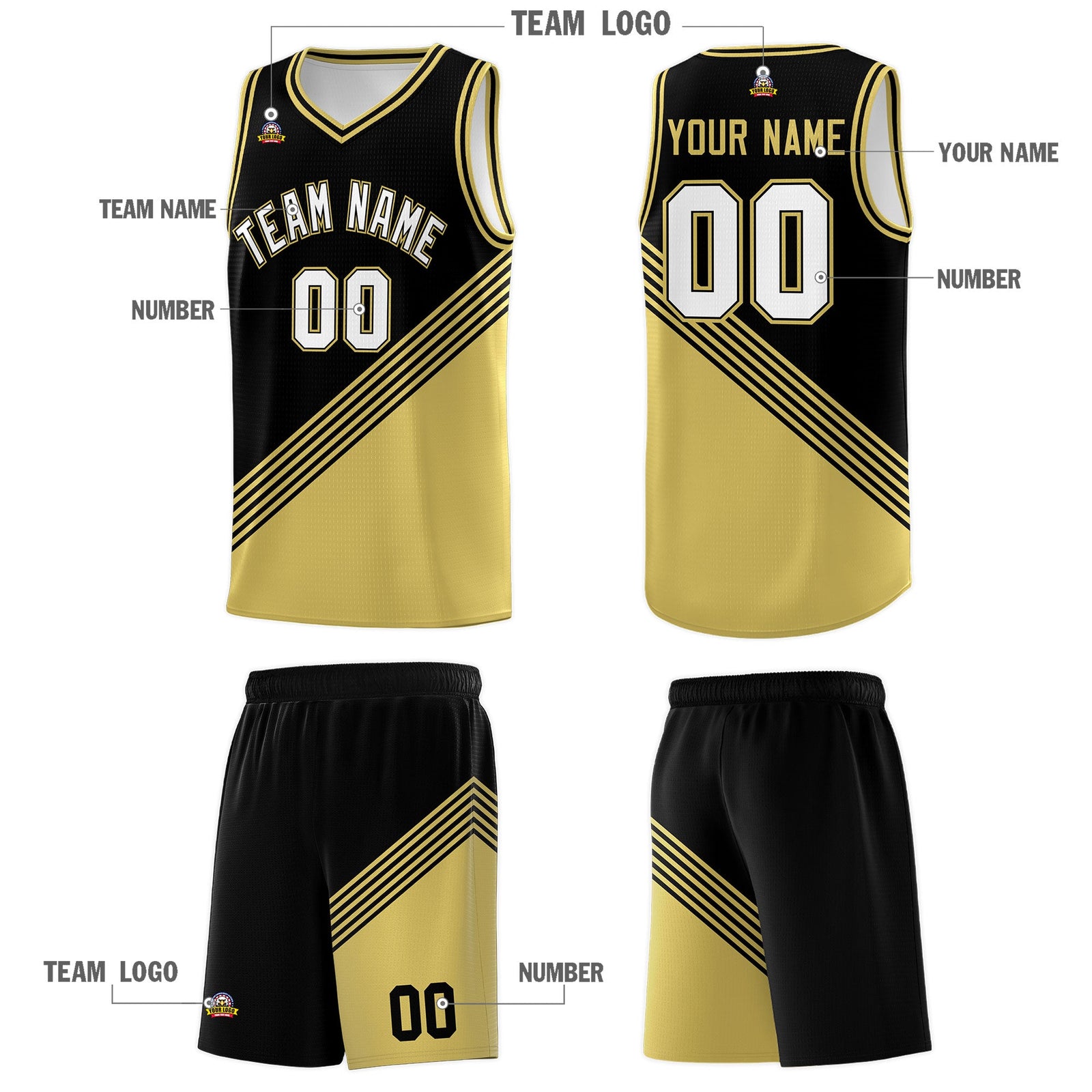 Custom Black Old Gold Diagonal Stripes Color Block Sets Basketball Jersey | For Men,For Youth,Sublimation Printed,Perfect for Training,Perfect for Teams | KXKSHOP