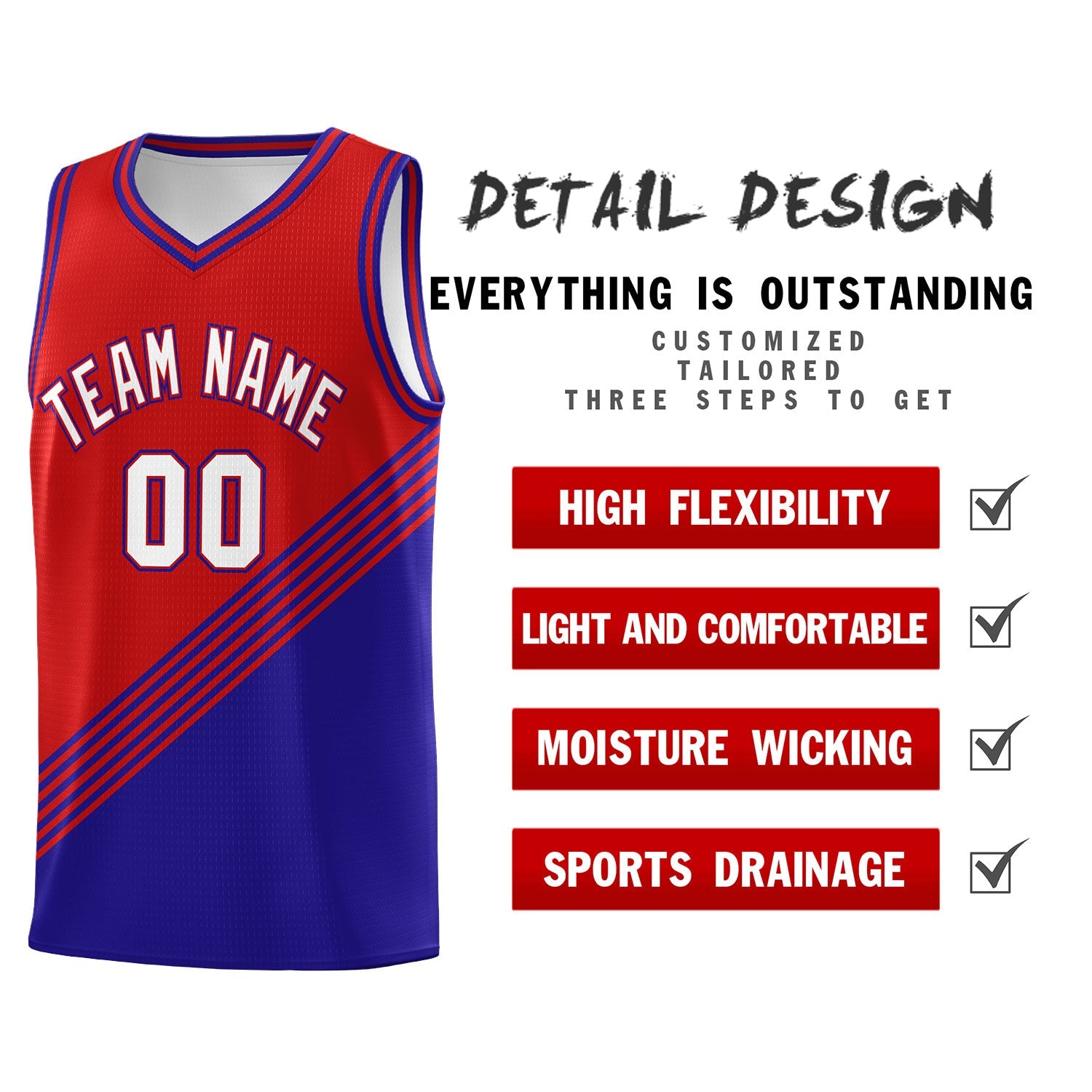 Custom Red Royal Blue Diagonal Stripes Color Block Sets Basketball Jersey | For Men,For Youth,Sublimation Printed,Perfect for Training,Perfect for Teams | KXKSHOP