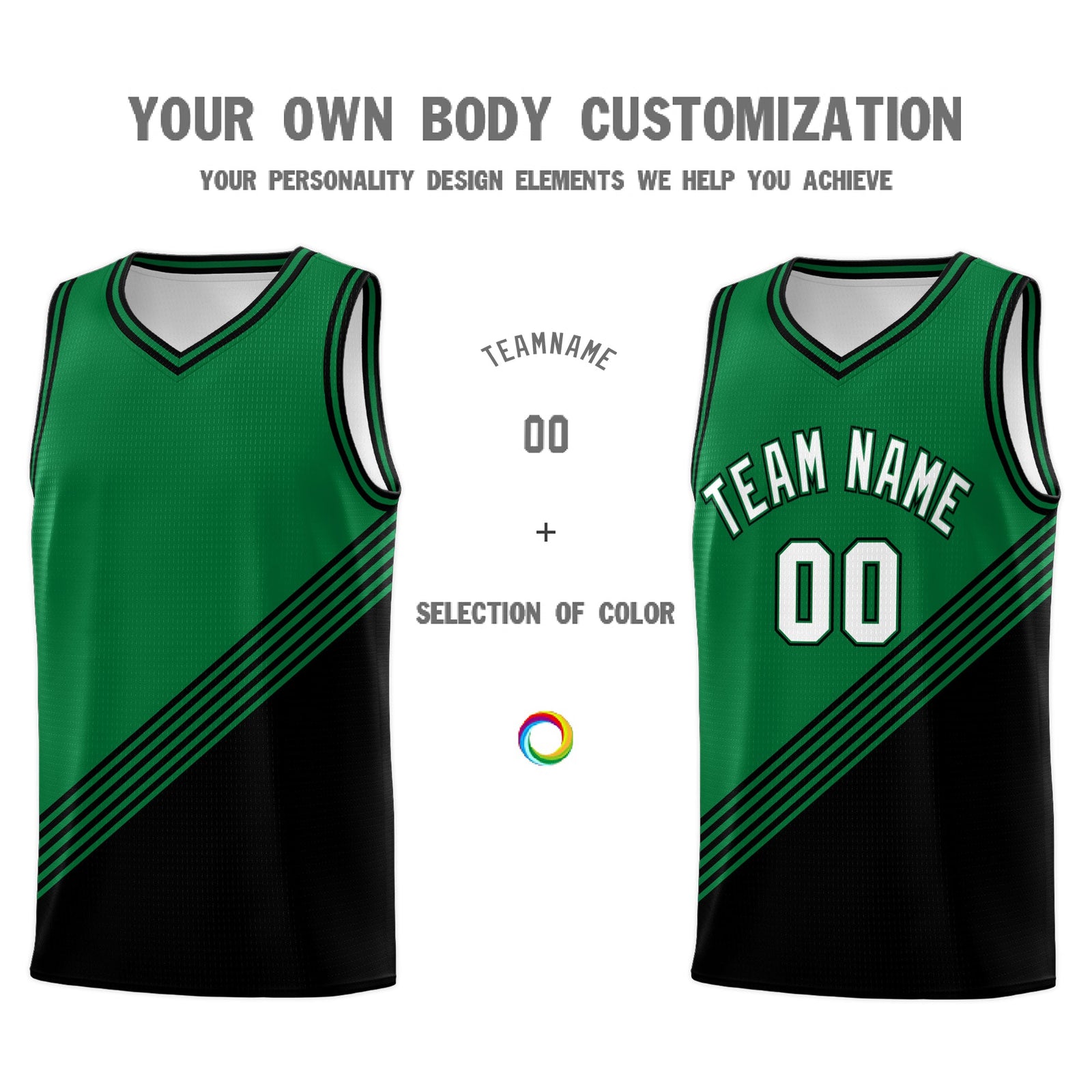Custom Kelly Green Black Diagonal Stripes Color Block Sets Basketball Jersey | For Men,For Youth,Sublimation Printed,Perfect for Training,Perfect for Teams | KXKSHOP