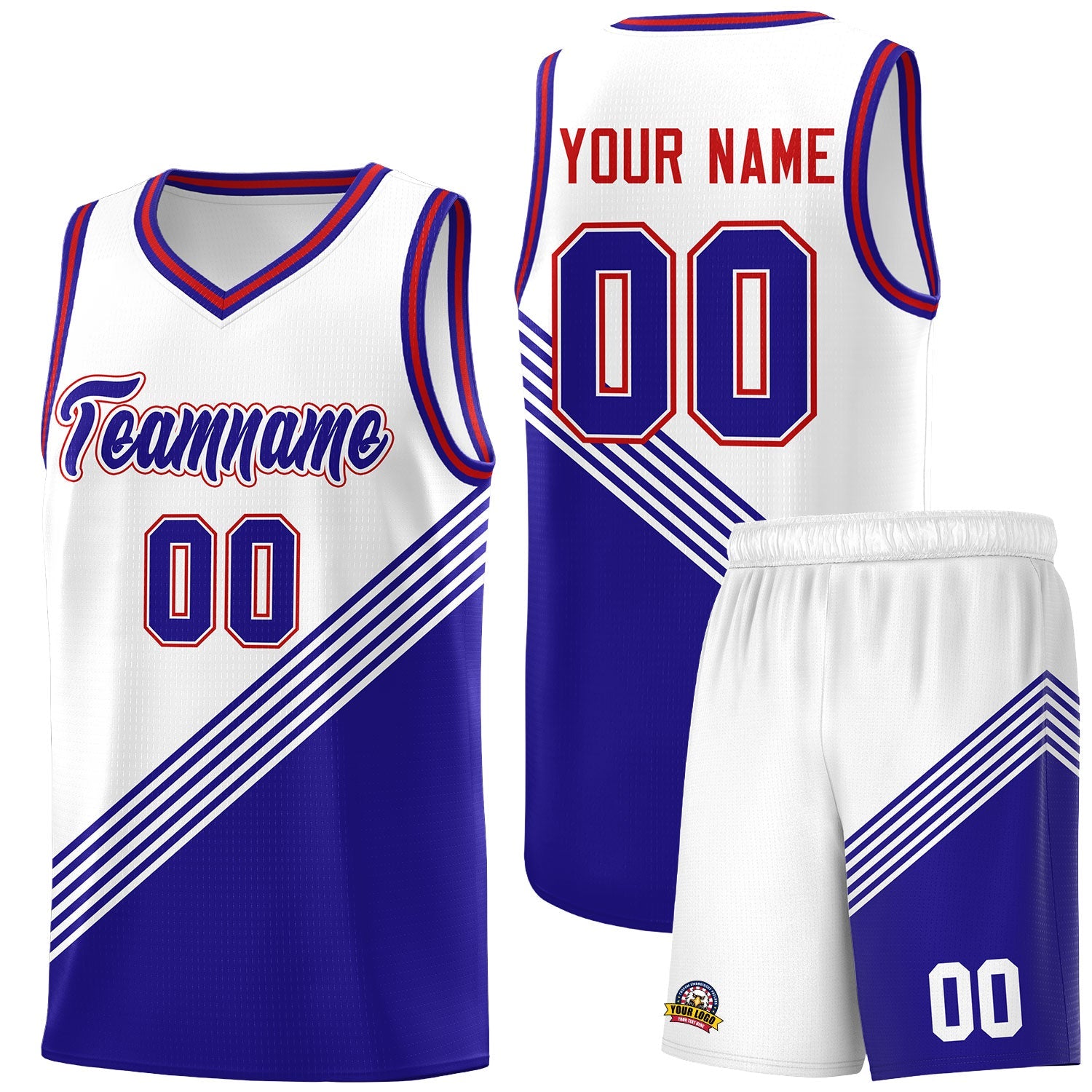 Custom White Royal Blue Red Diagonal Stripes Color Block Sets Basketball Jersey | For Men,For Youth,Sublimation Printed,Perfect for Training,Perfect for Teams | KXKSHOP