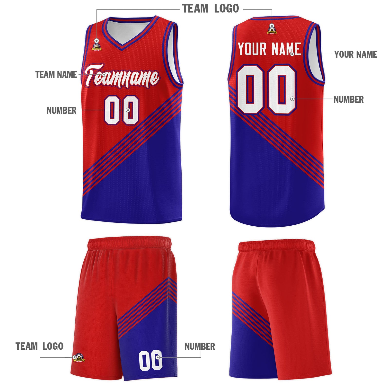 Custom Red Royal Blue Diagonal Stripes Color Block Sets Basketball Jersey | For Men,For Youth,Sublimation Printed,Perfect for Training,Perfect for Teams | KXKSHOP