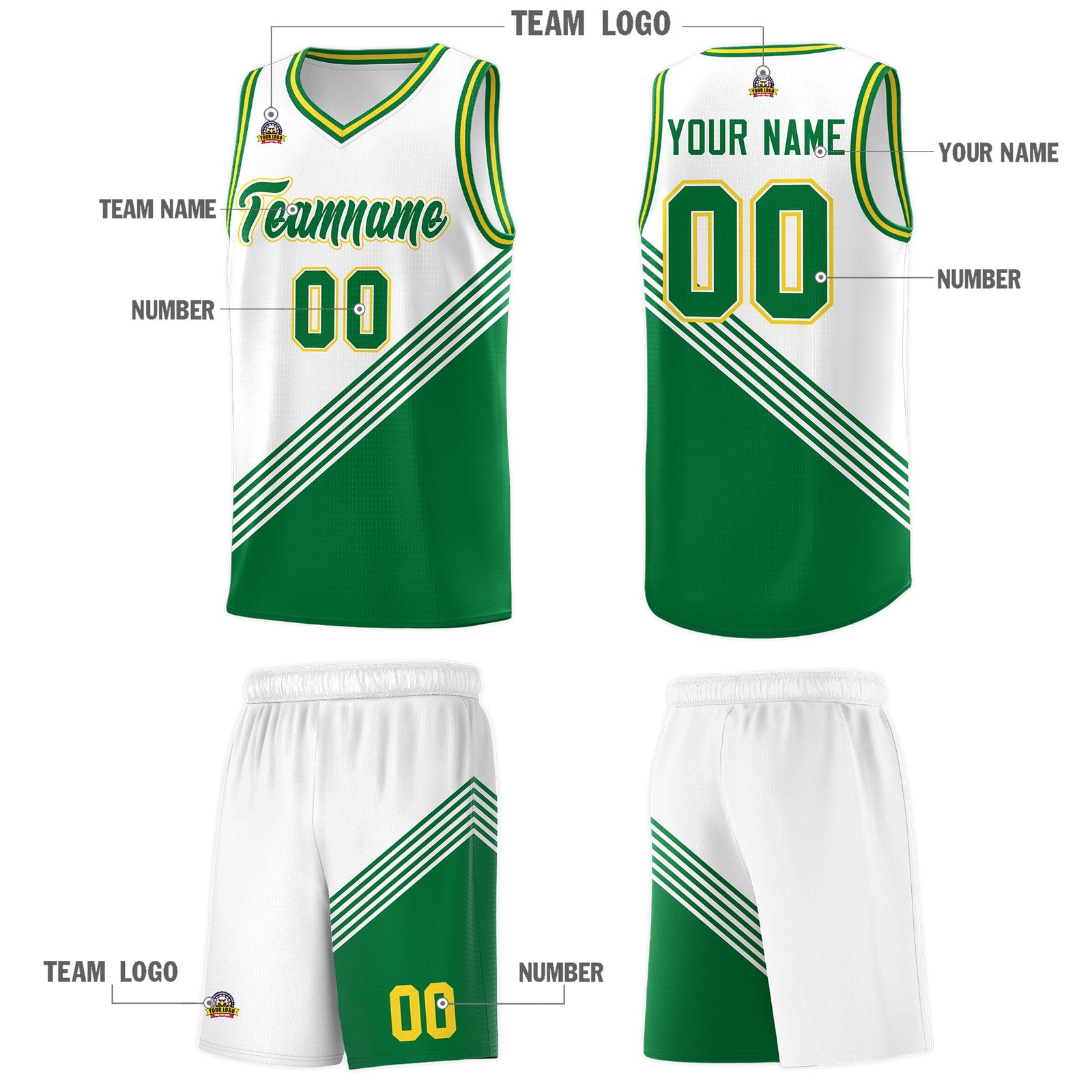 Custom White Kelly Green Gold Diagonal Stripes Color Block Sets Basketball Jersey | For Men,For Youth,Sublimation Printed,Perfect for Training,Perfect for Teams | KXKSHOP