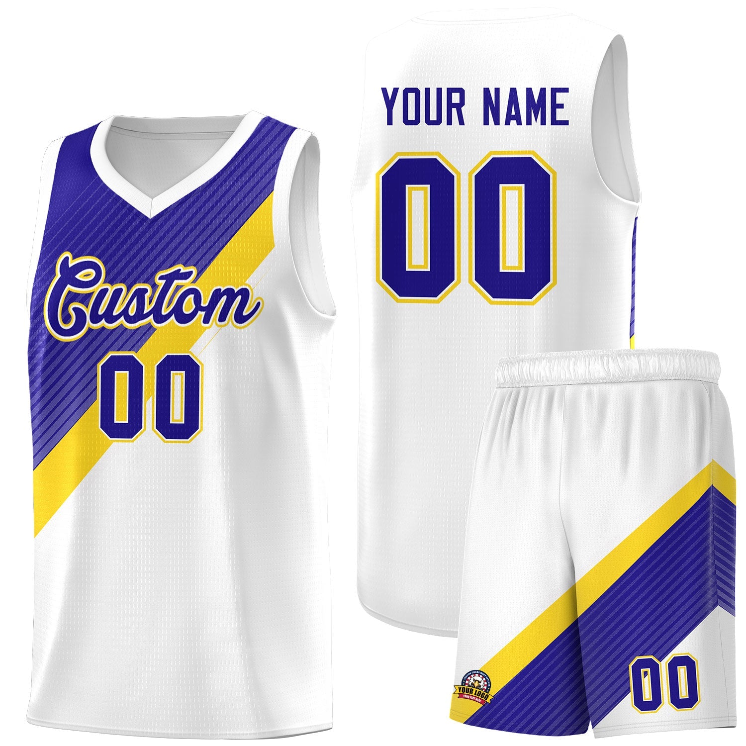 Custom White Royal Gold Diagonal Stripes Color Block Sets Basketball Jersey | For Men,Perfect for Teams,Perfect for Coaches,Sublimation Printed,For Kid,For Youth | KXKSHOP