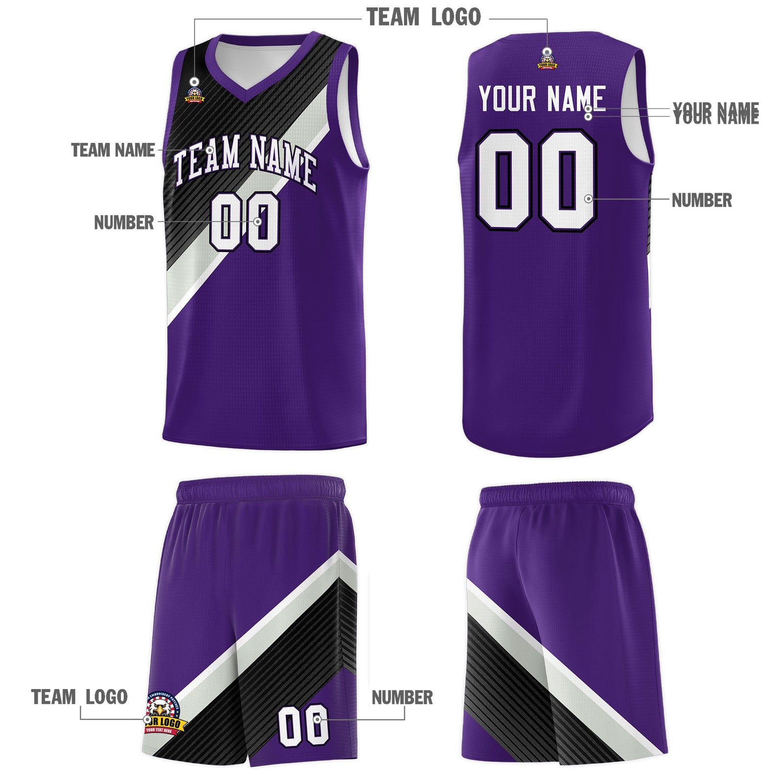 Custom Purple Black Gray Diagonal Stripes Color Block Sets Basketball Jersey | For Men,Perfect for Teams,Perfect for Coaches,Sublimation Printed,For Kid,For Youth | KXKSHOP