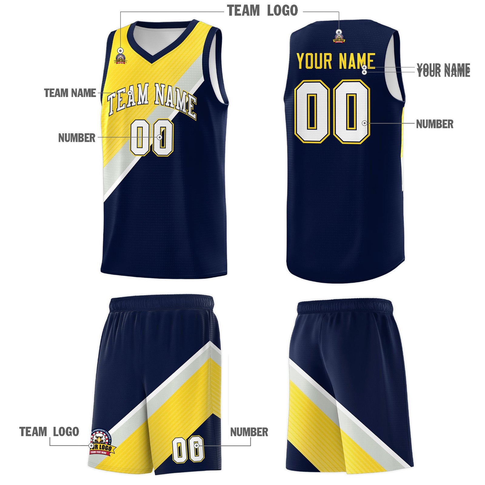 Custom Navy Gold Gray Diagonal Stripes Color Block Sets Basketball Jersey | For Men,Perfect for Teams,Perfect for Coaches,Sublimation Printed,For Kid,For Youth | KXKSHOP