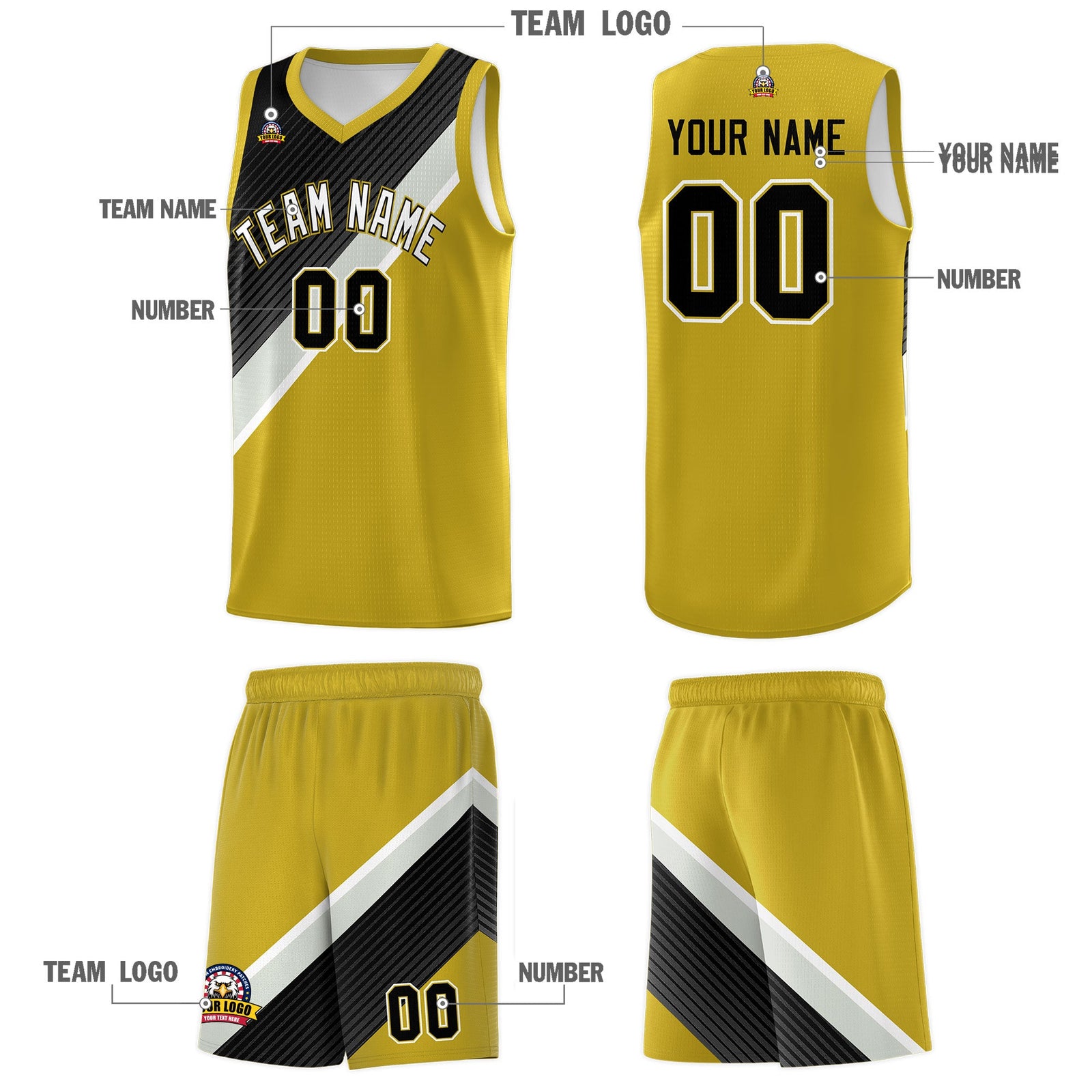 Custom Old Gold Black Gray Diagonal Stripes Color Block Sets Basketball Jersey | For Men,Perfect for Teams,Perfect for Coaches,Sublimation Printed,For Kid,For Youth | KXKSHOP
