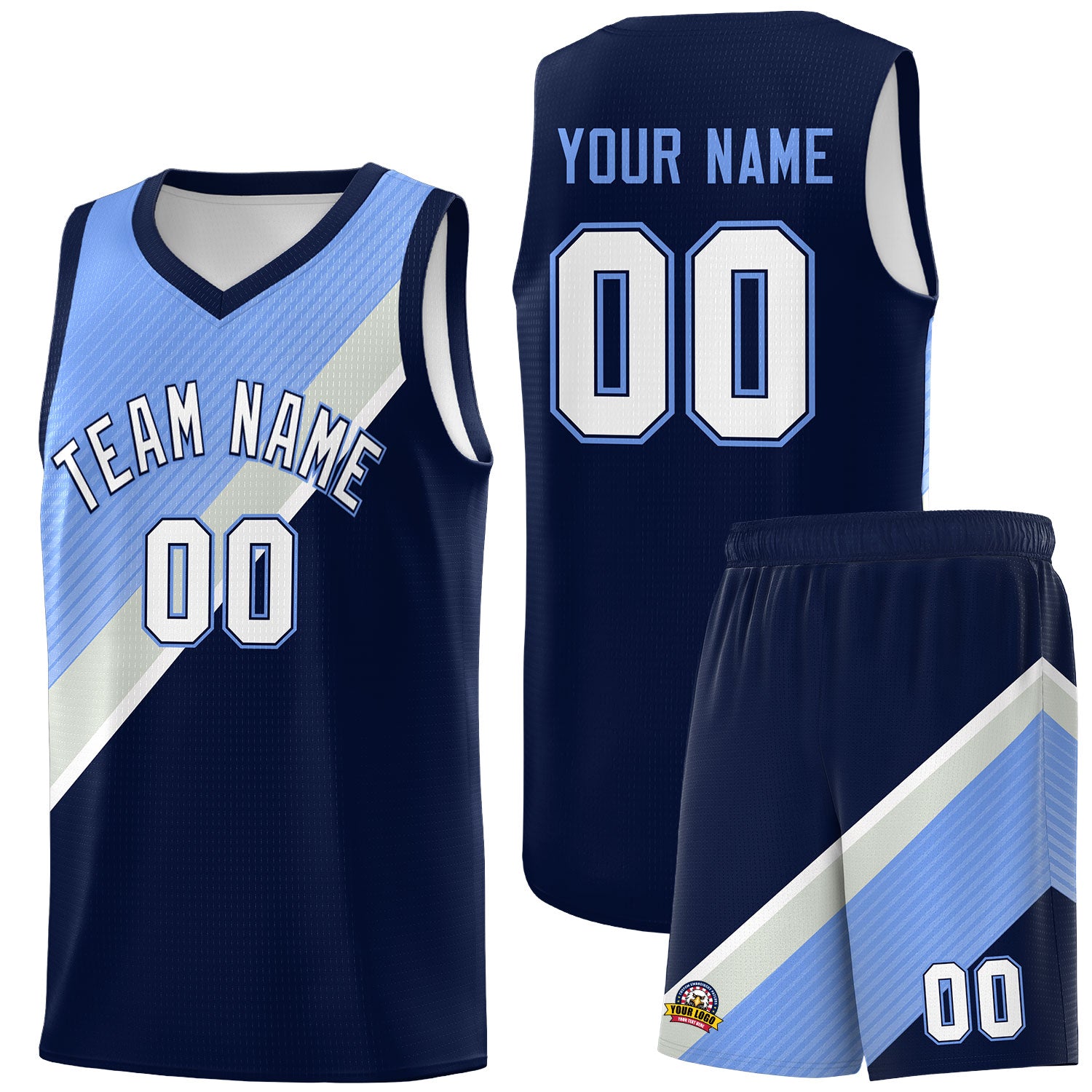 Custom Navy Light Blue Gray Diagonal Stripes Color Block Sets Basketball Jersey | For Men,Perfect for Teams,Perfect for Coaches,Sublimation Printed,For Kid,For Youth | KXKSHOP