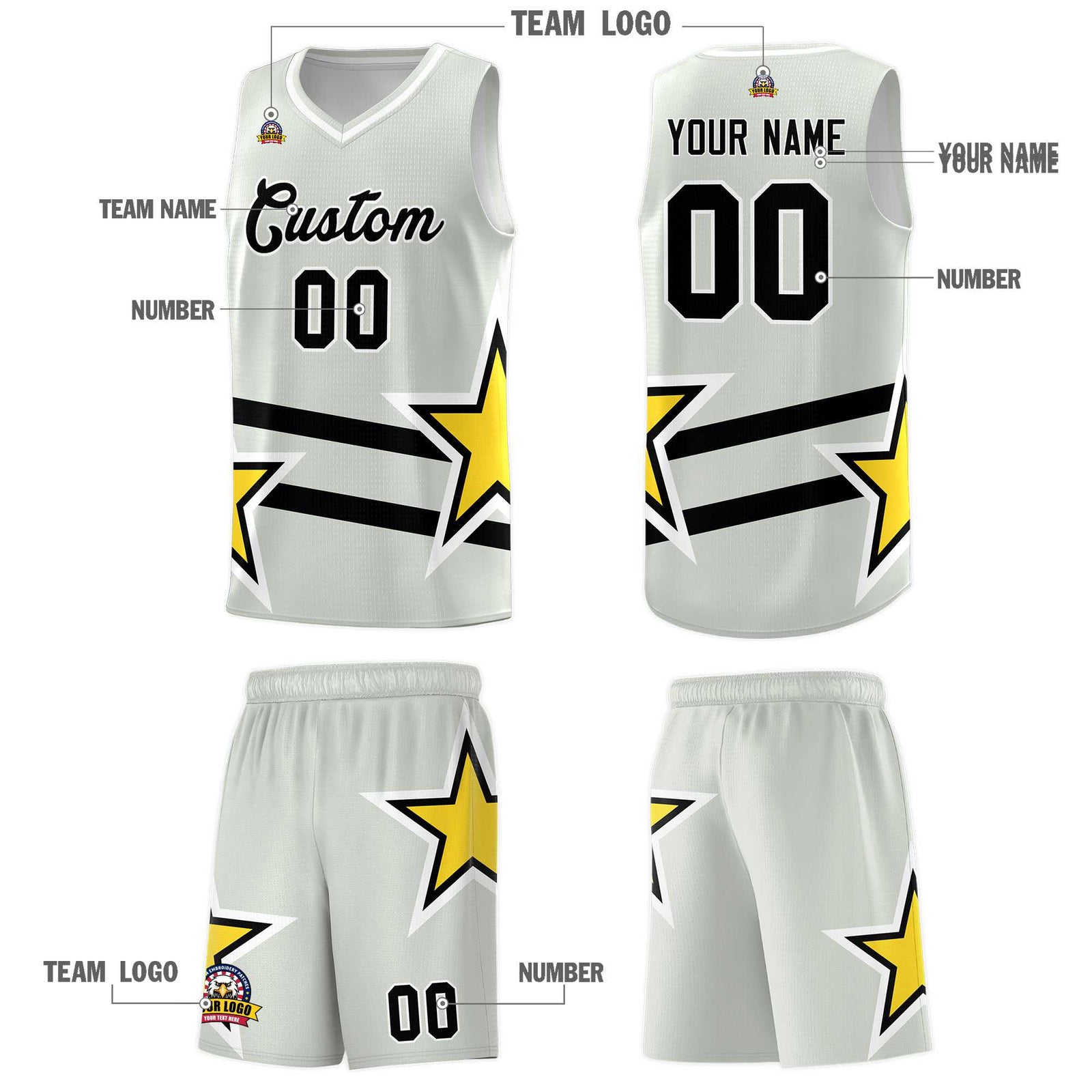 Custom Gray Basketball Kits With Gold Star Pattern And Double Lines