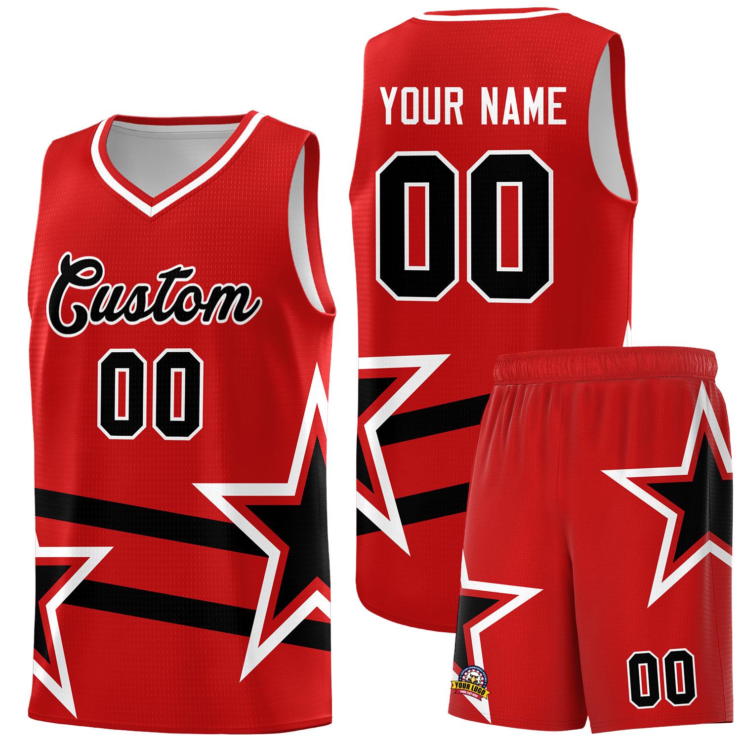 Custom Red Basketball Kits With Black Star Pattern And Double Lines