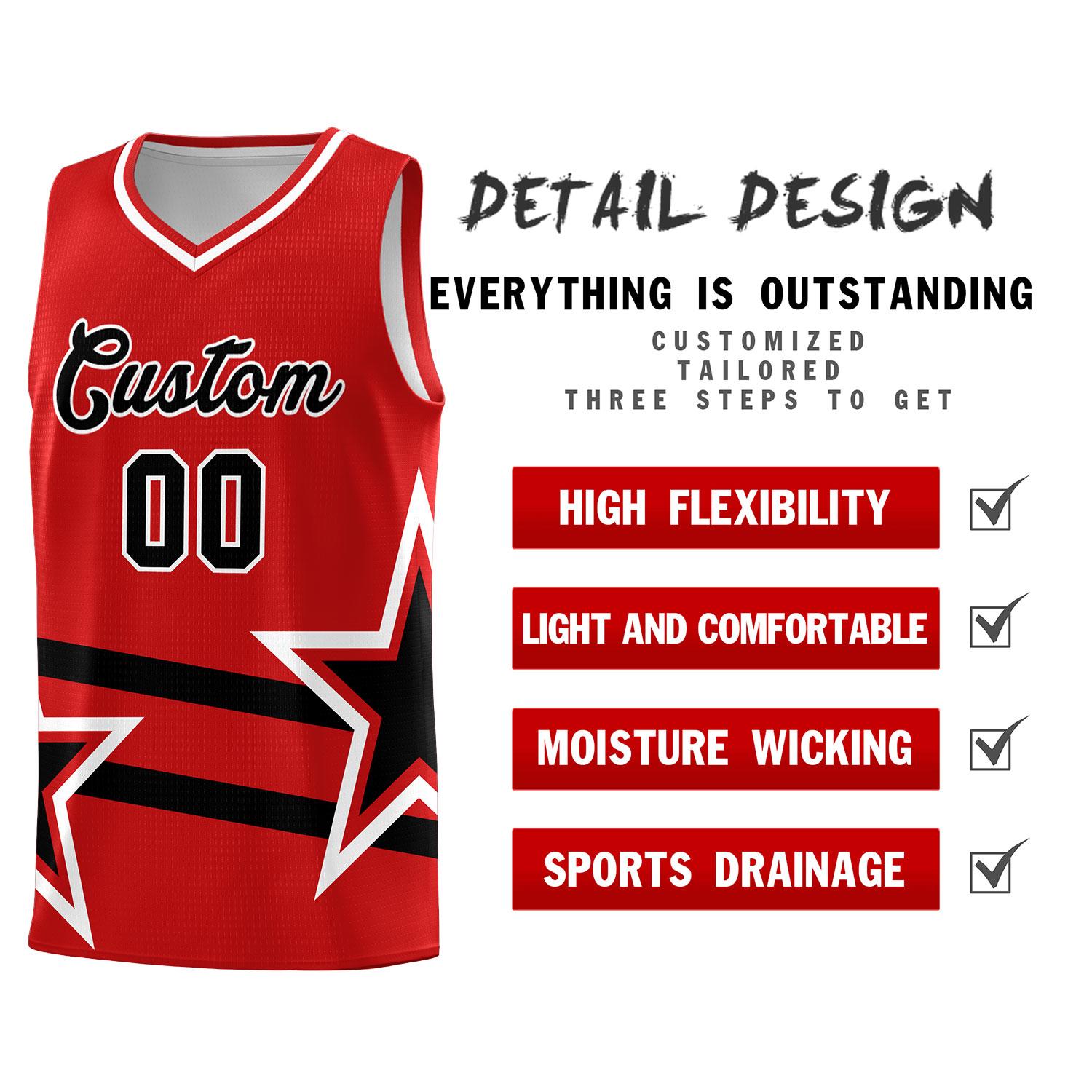 Custom Red Basketball Kits With Black Star Pattern And Double Lines