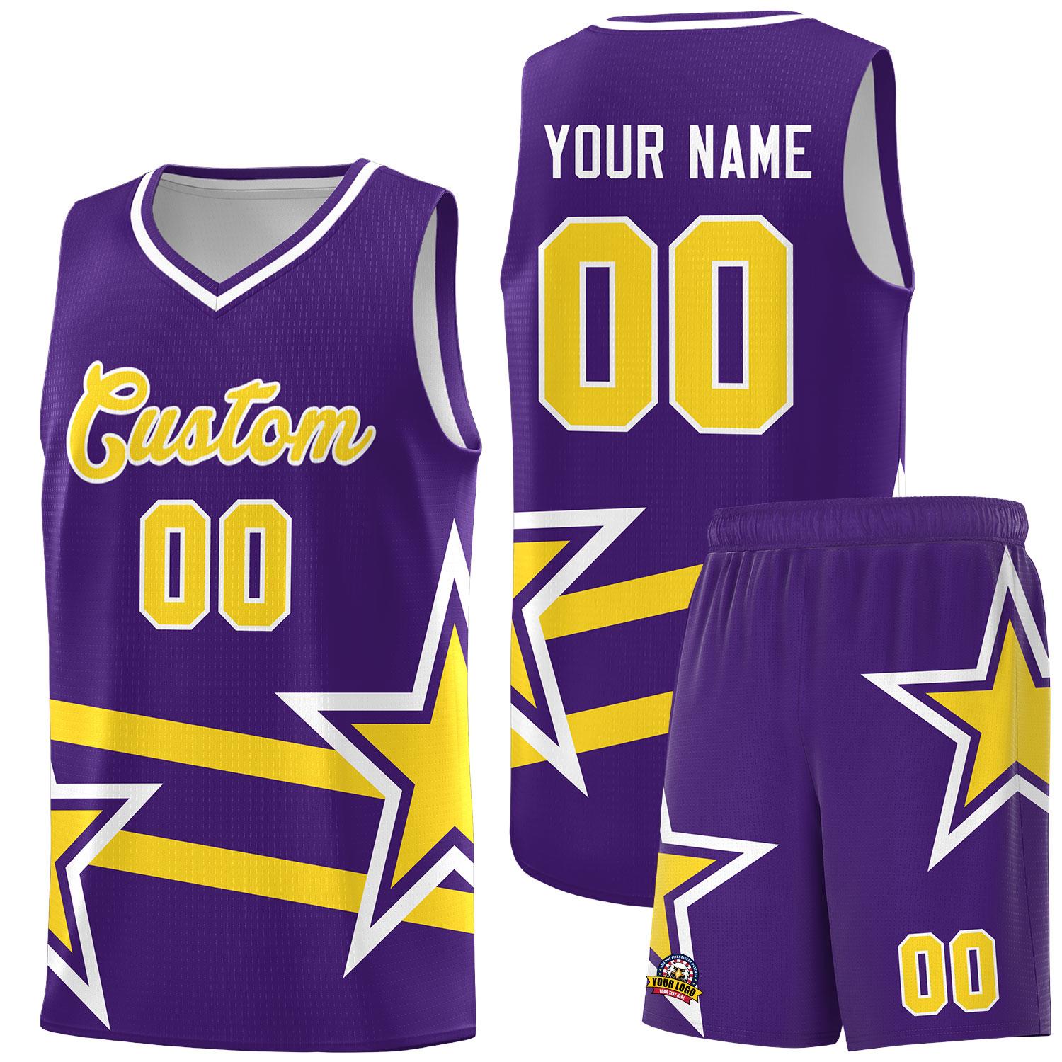 Custom Purple Basketball Kits With Gold Star Pattern And Double Lines