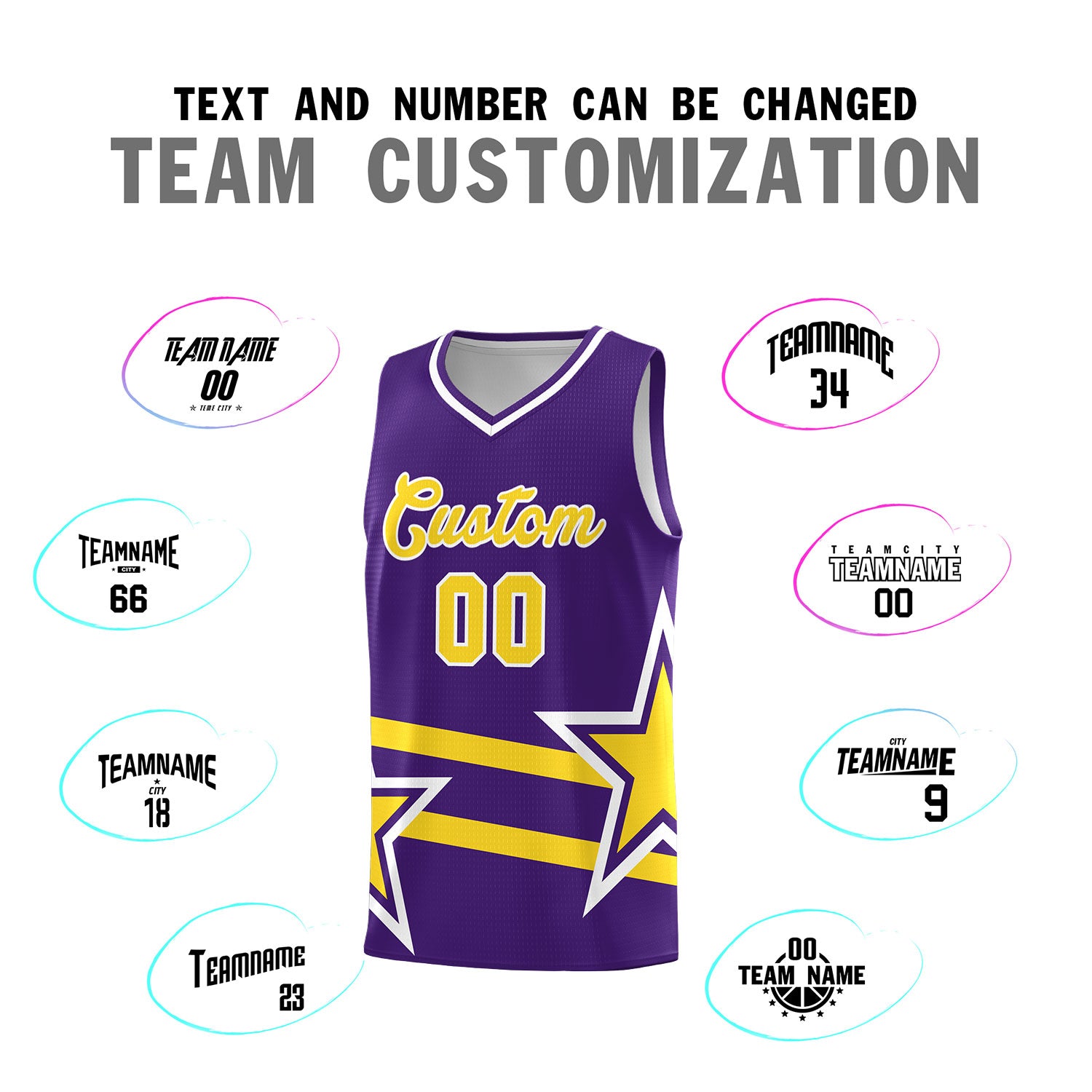 Custom Purple Basketball Kits With Gold Star Pattern And Double Lines