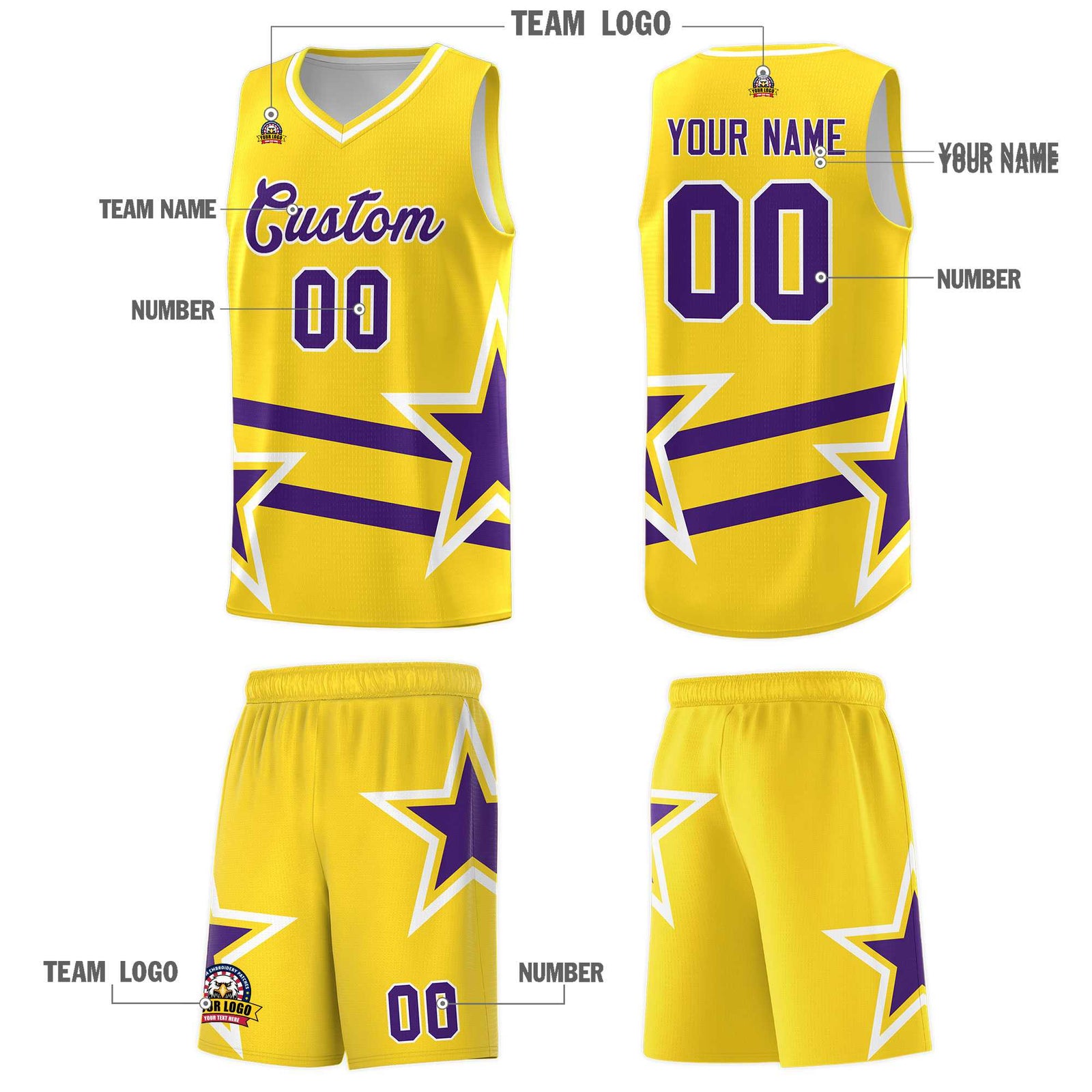 Custom Gold Basketball Kits With Purple Star Pattern And Double Lines