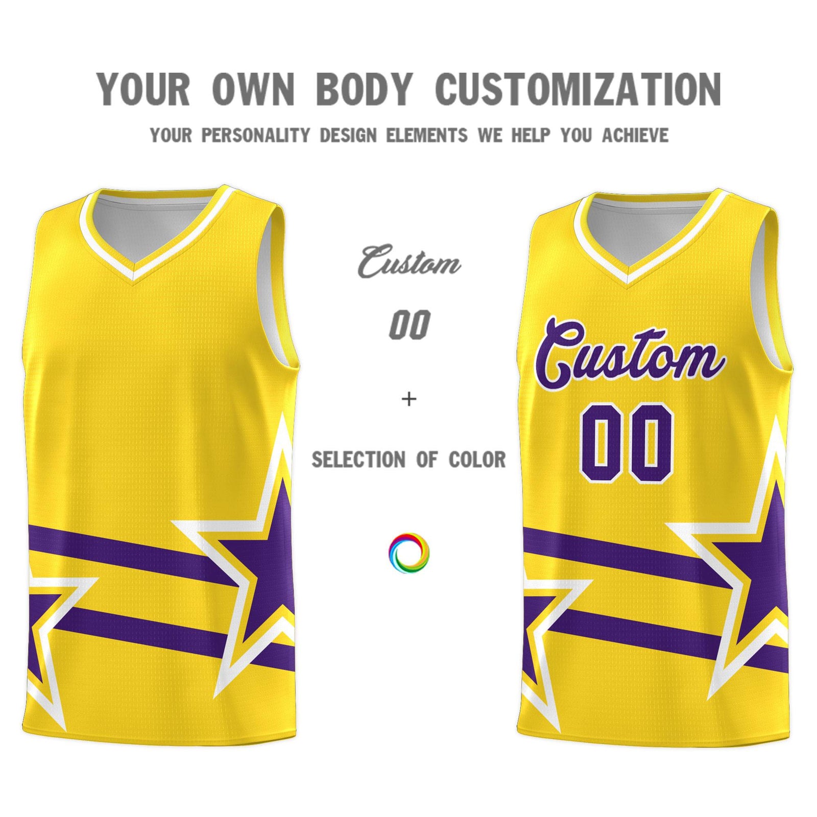 Custom Gold Basketball Kits With Purple Star Pattern And Double Lines