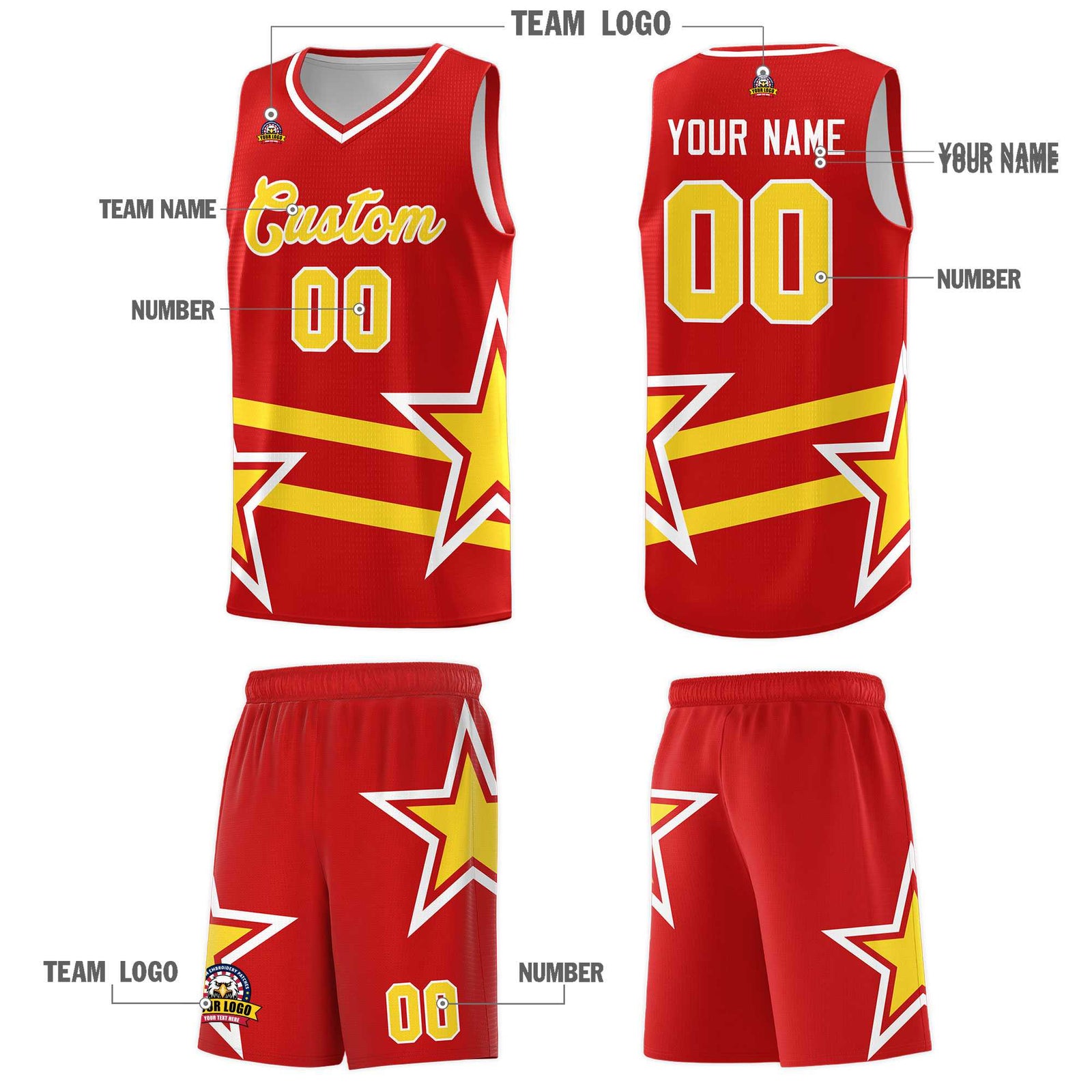 Custom Red Basketball Kits With Gold Star Pattern And Double Lines