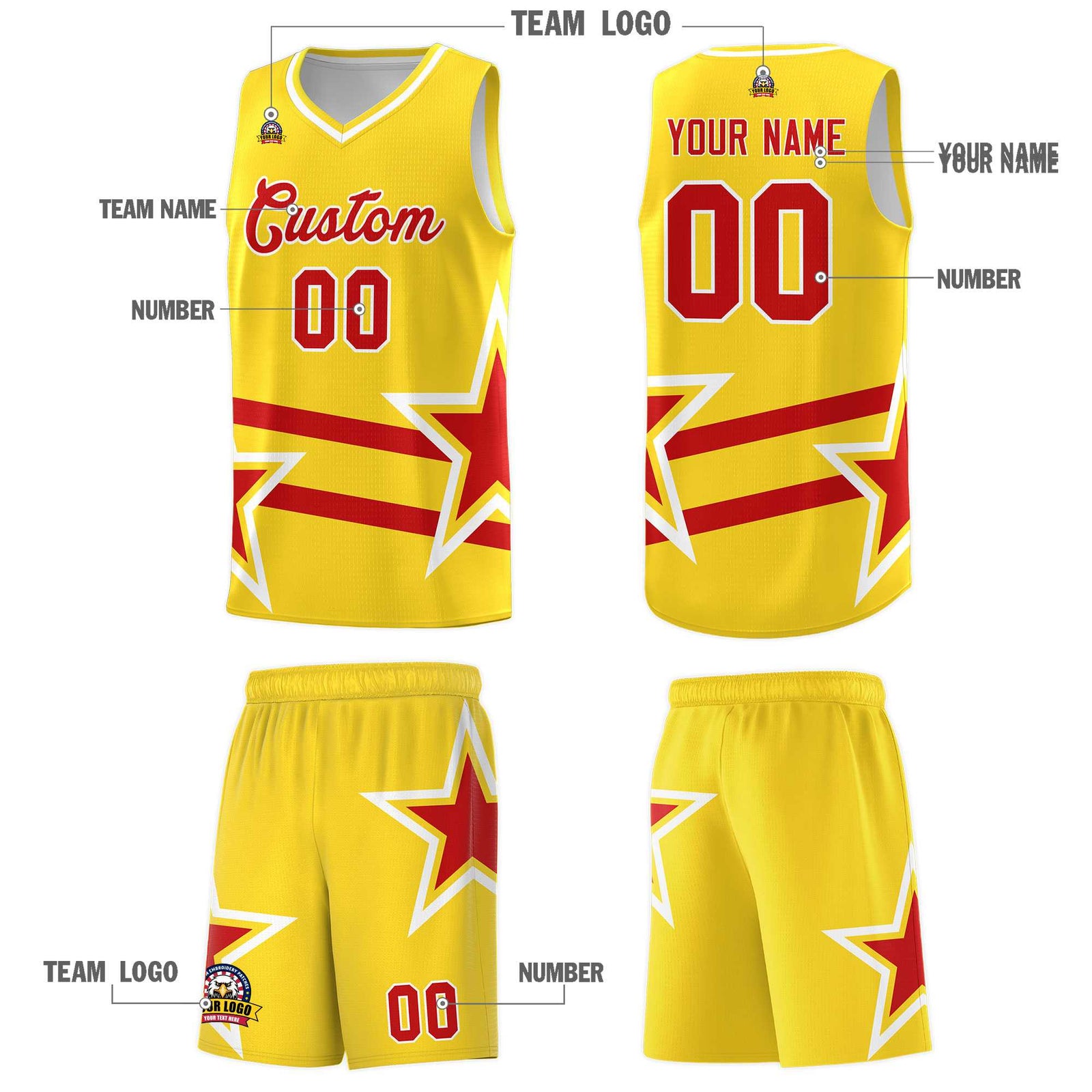 Custom Gold Basketball Kits With Red Star Pattern And Double Lines