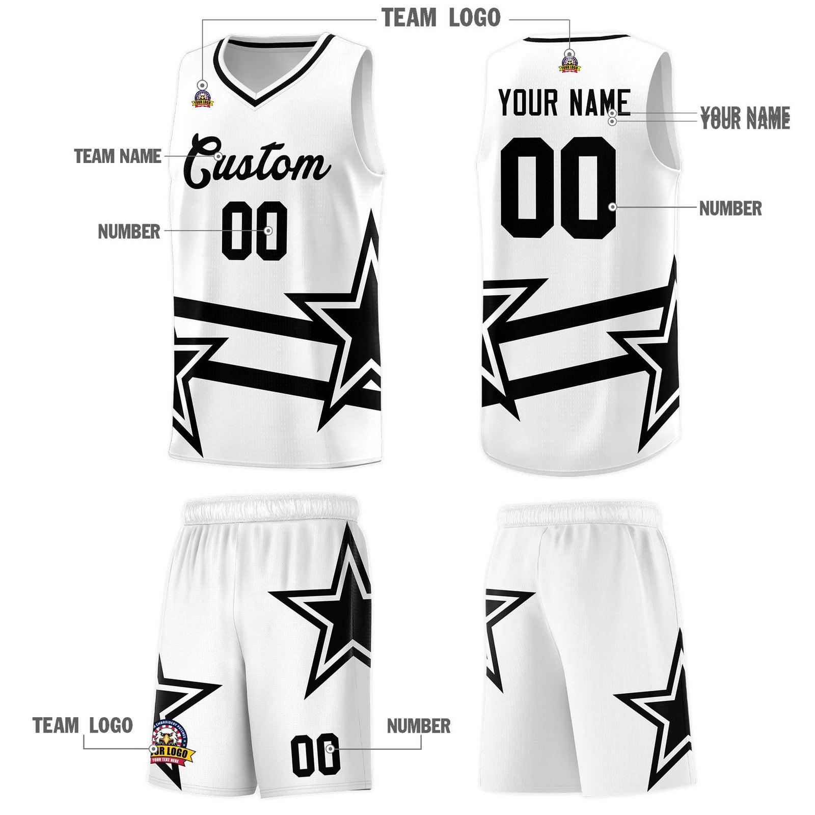Custom White Basketball Kits With Black Star Pattern And Double Lines