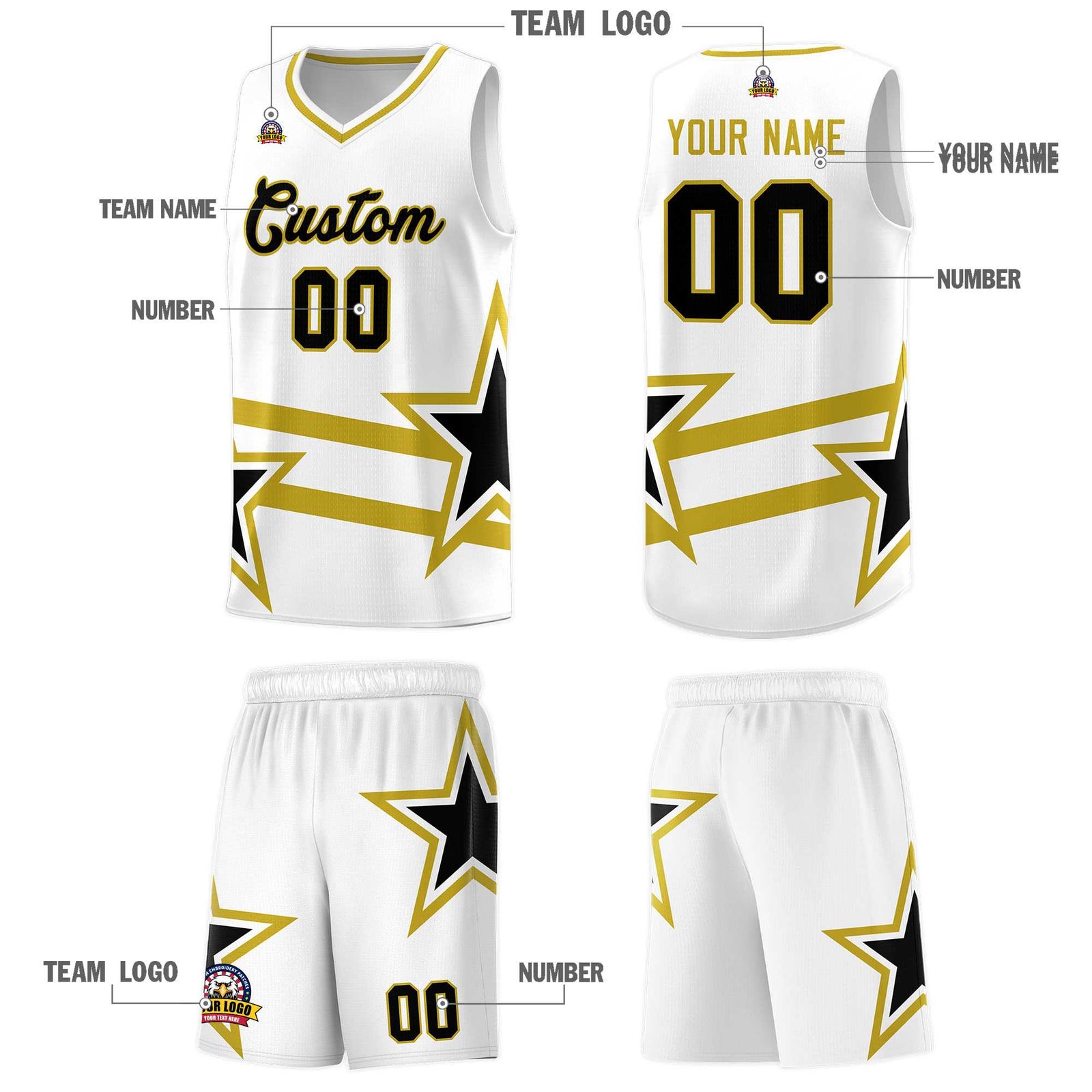 Custom White Basketball Kits With Old Gold Star Pattern And Double Lines