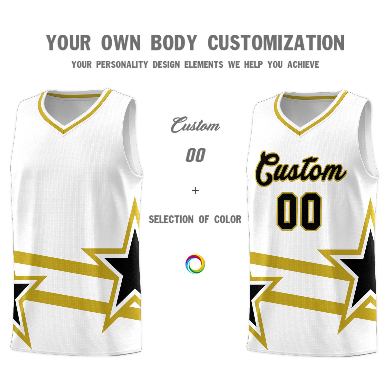 Custom White Basketball Kits With Old Gold Star Pattern And Double Lines