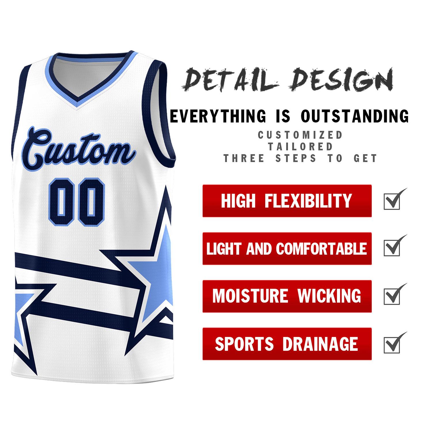 Custom White Basketball Kits With Light Blue Star Pattern And Double Lines