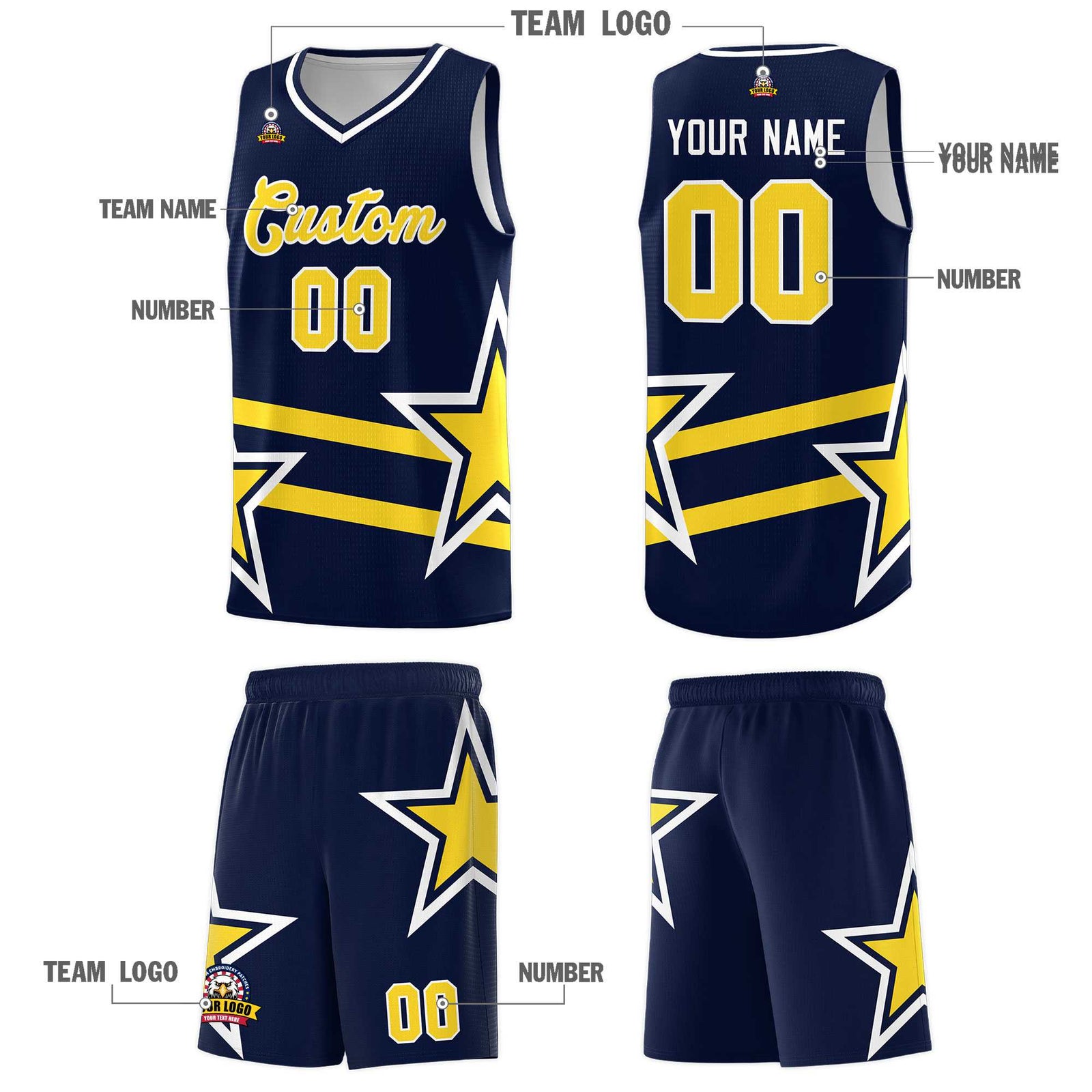 Custom Navy Basketball Kits With Gold Star Pattern And Double Lines