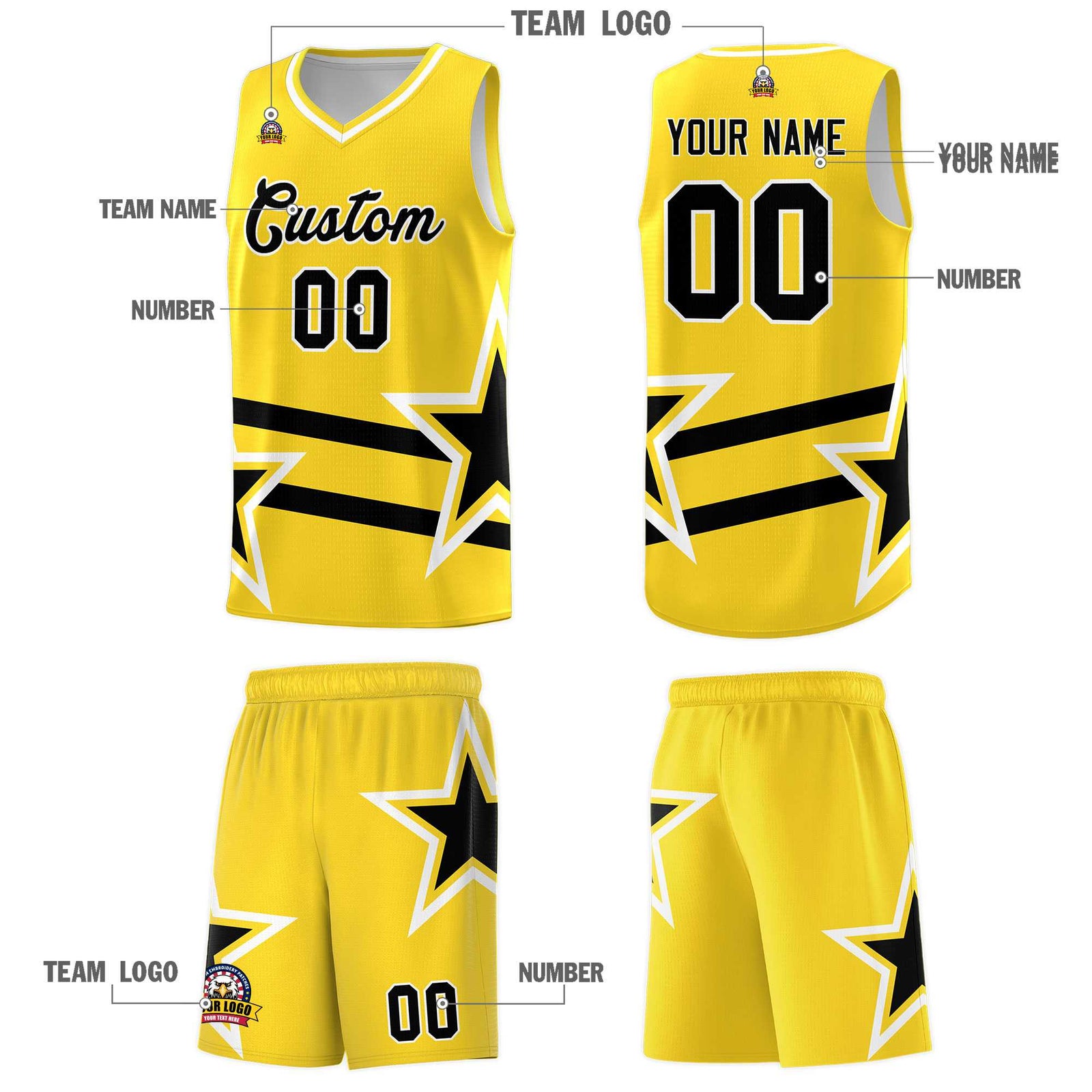 Custom Gold Basketball Kits With Black Star Pattern And Double Lines