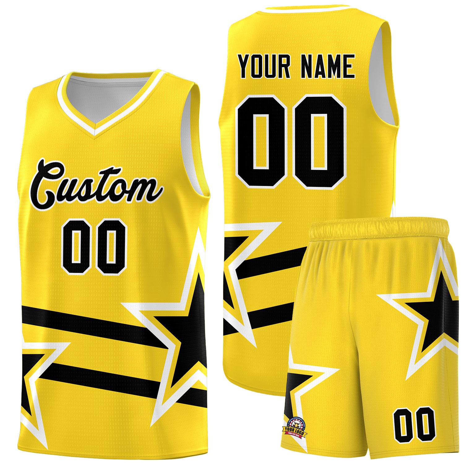 Custom Gold Basketball Kits With Black Star Pattern And Double Lines