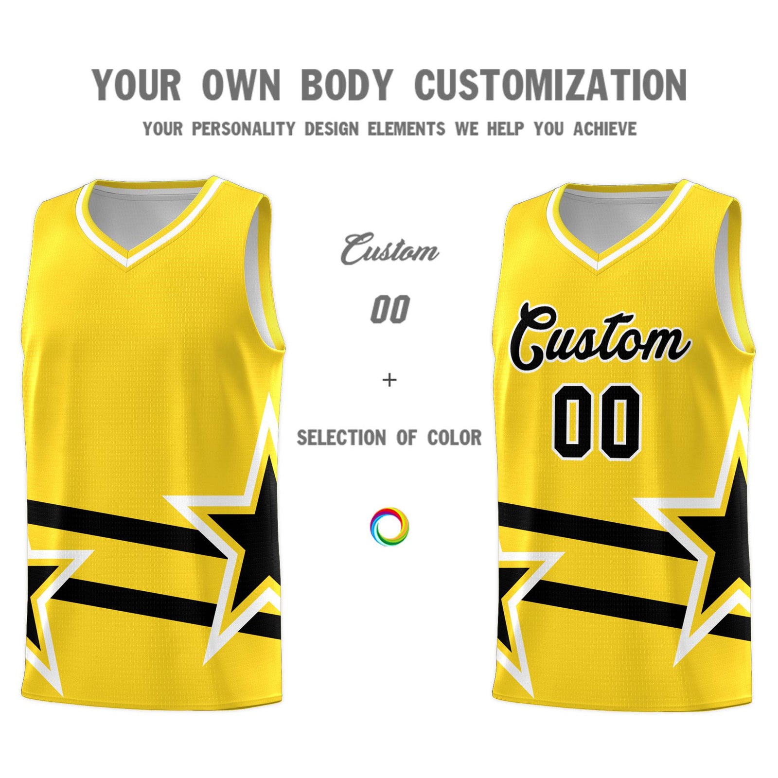 Custom Gold Basketball Kits With Black Star Pattern And Double Lines