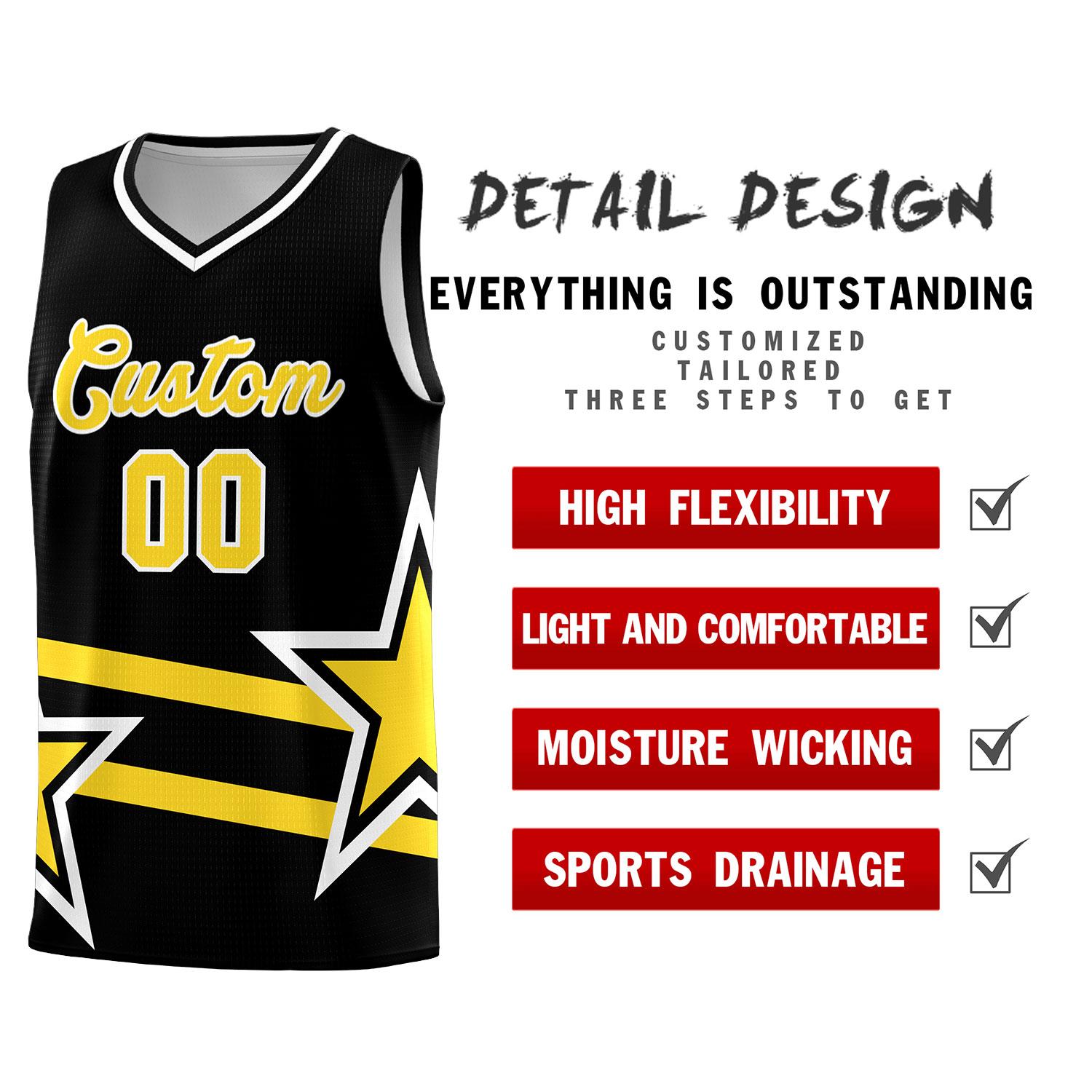 Custom Black Basketball Kits With Gold Star Pattern And Double Lines