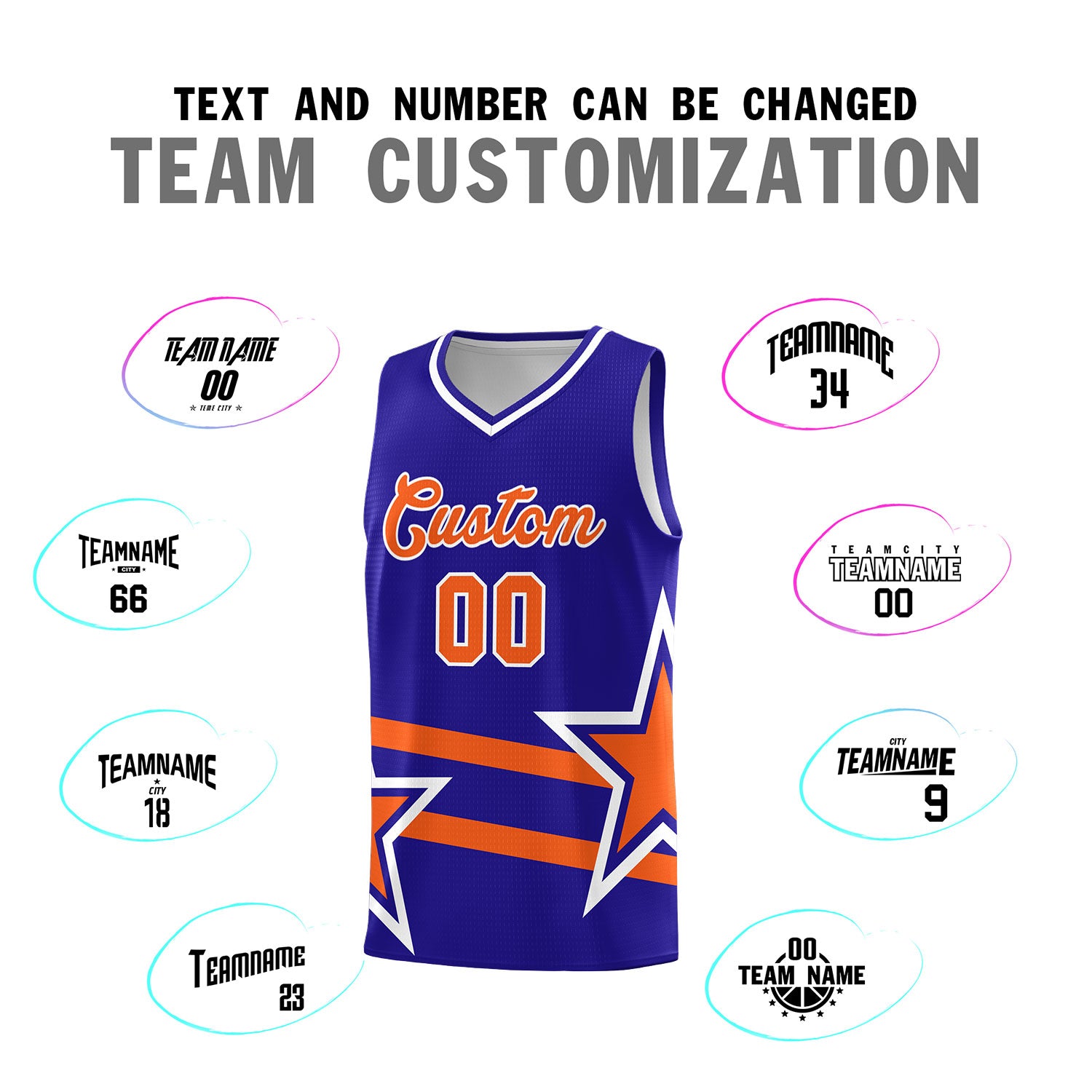 Custom Royal Basketball Kits With Orange Star Pattern And Double Lines