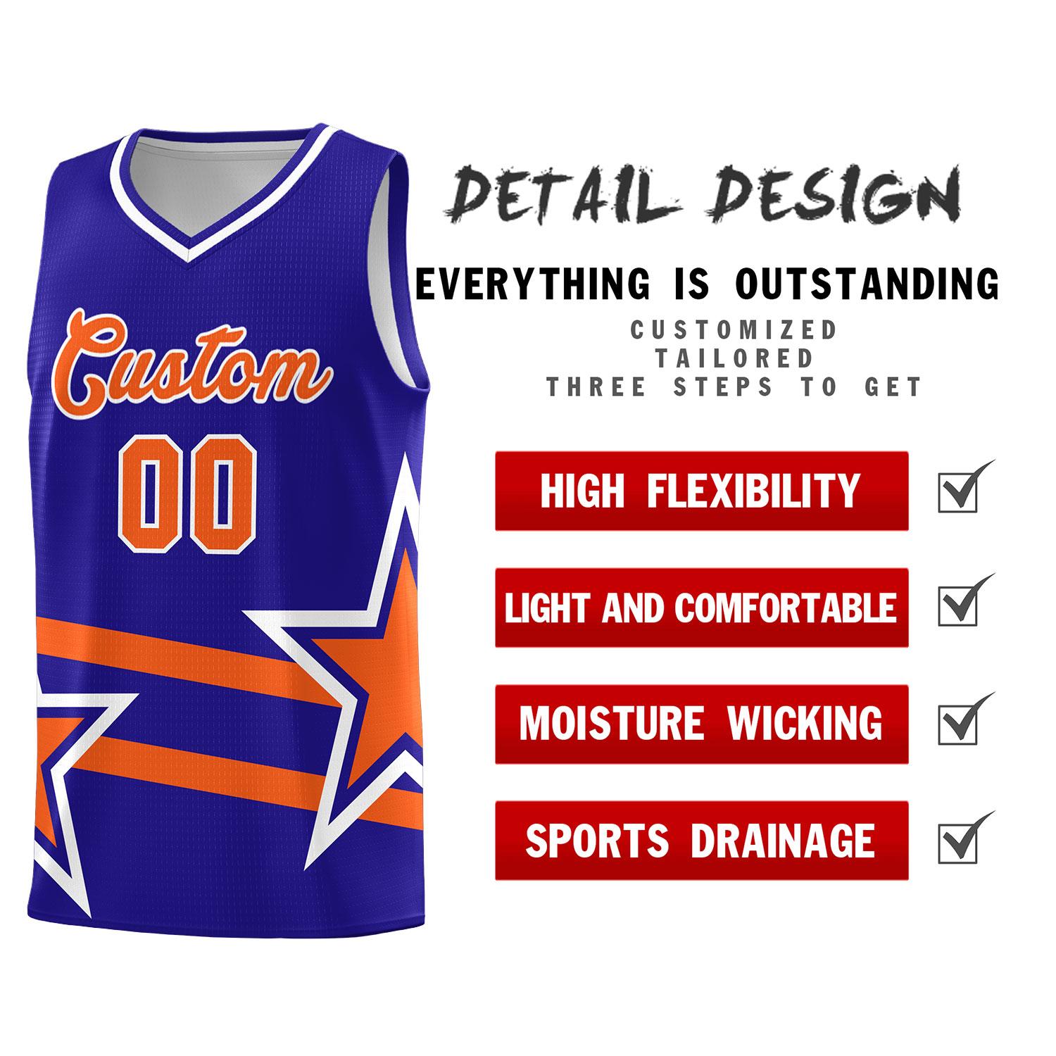Custom Royal Basketball Kits With Orange Star Pattern And Double Lines