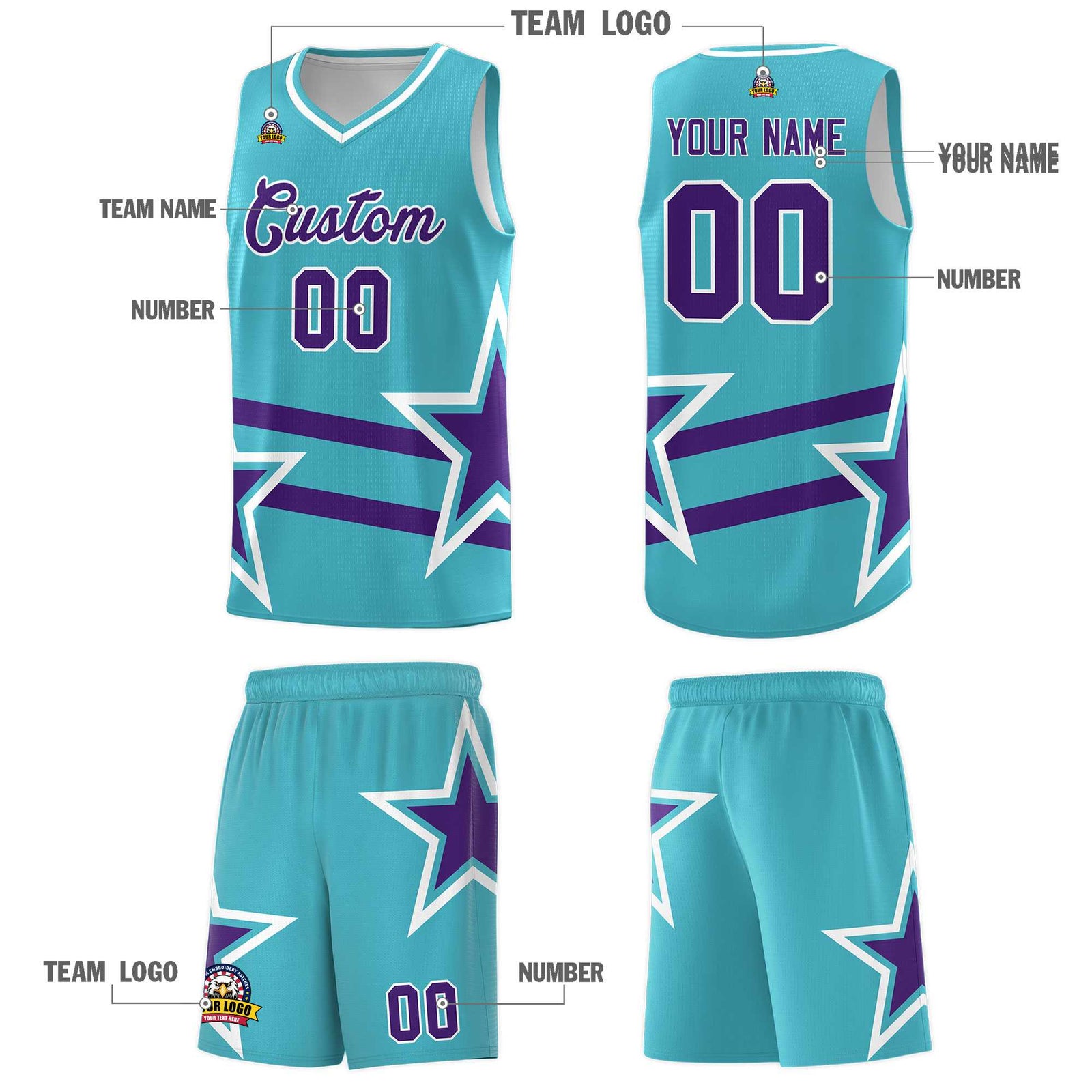 Custom Sky Blue Basketball Kits With Purple Star Pattern And Double Lines