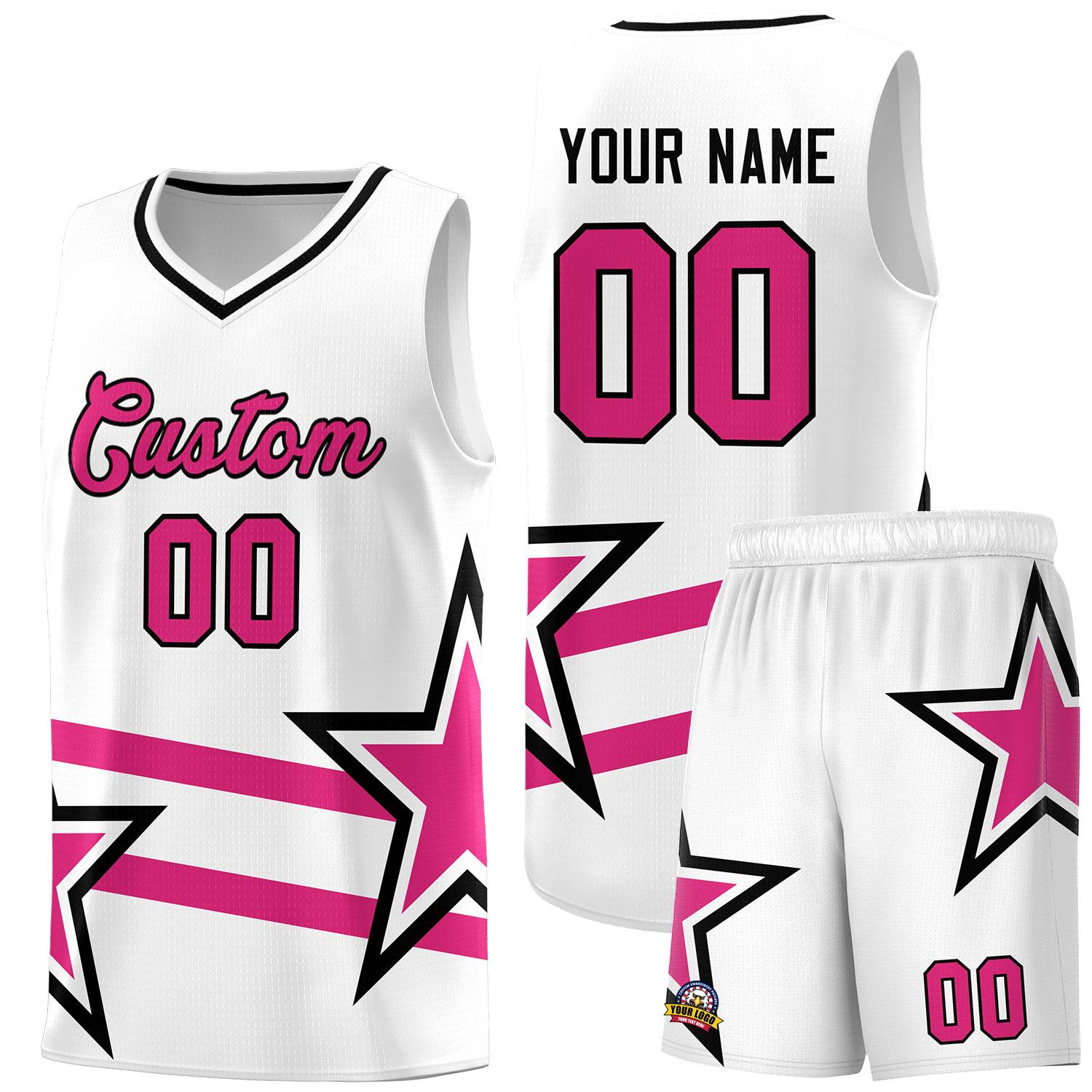 Custom White Basketball Kits With Rose Red Star Pattern And Double Lines