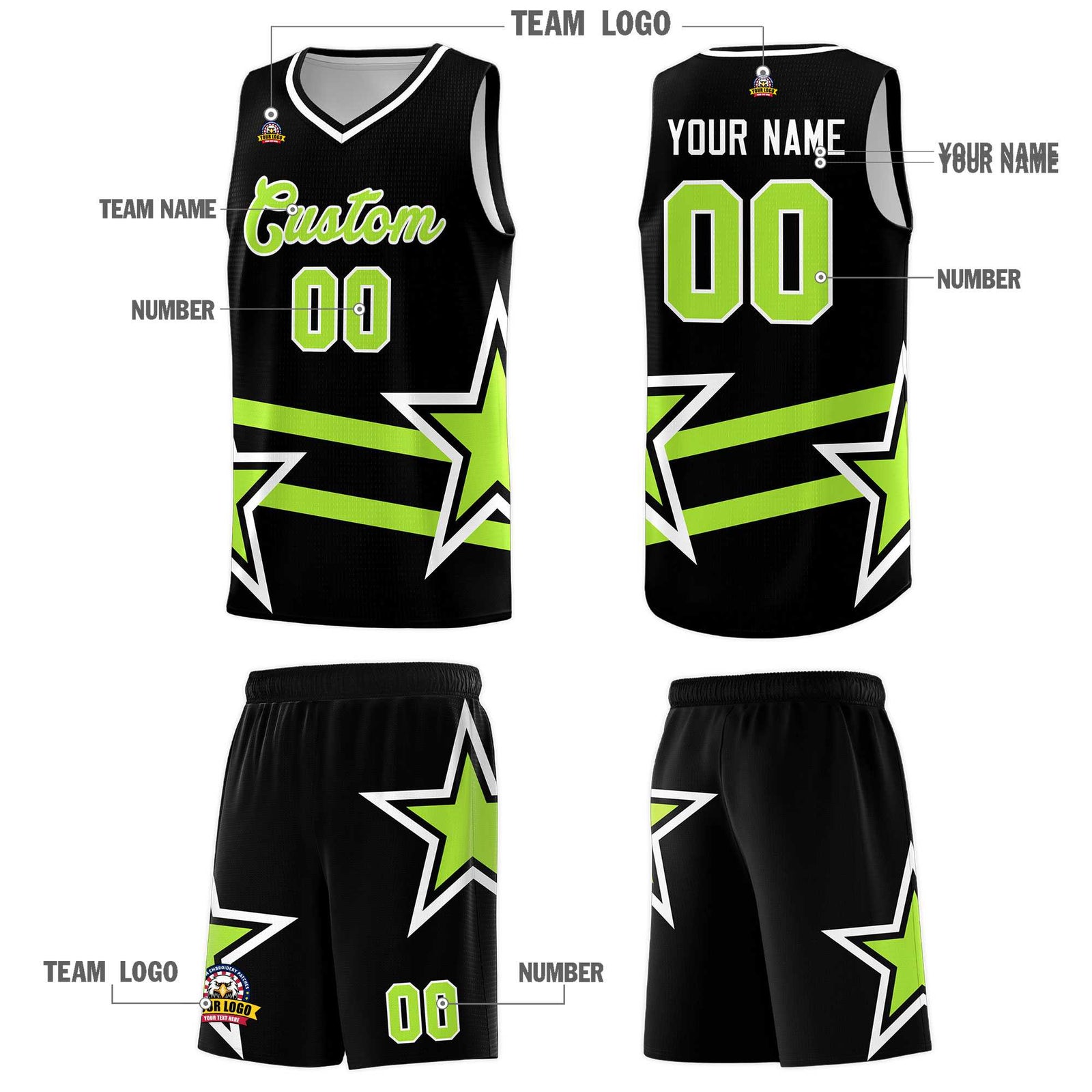 Custom Black Basketball Kits With Neon Green Star Pattern And Double Lines