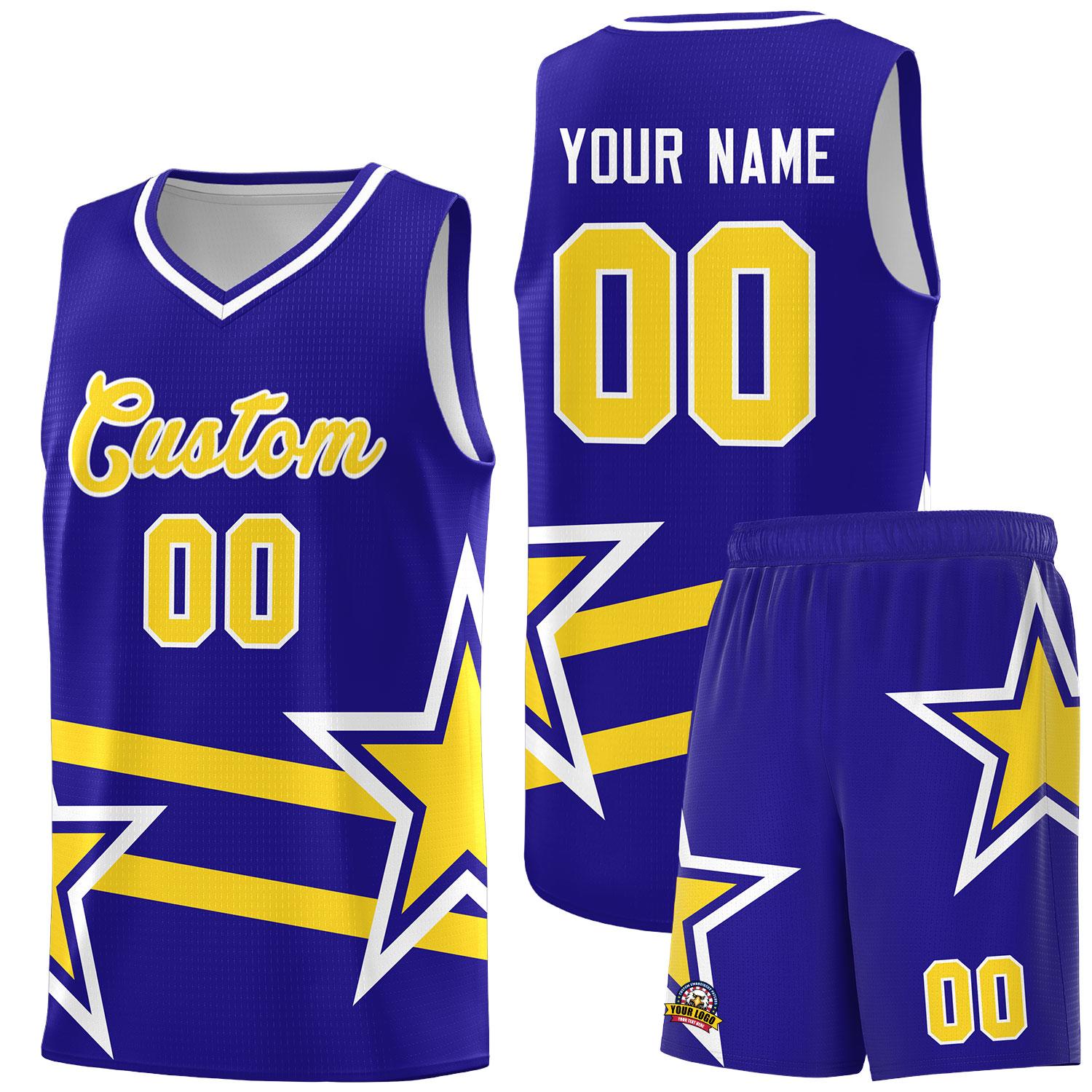 Custom Royal Basketball Kits With Gold Star Pattern And Double Lines