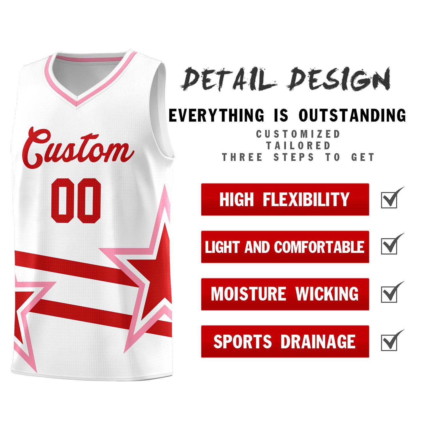 Custom White Basketball Kits With Red Star Pattern And Double Lines