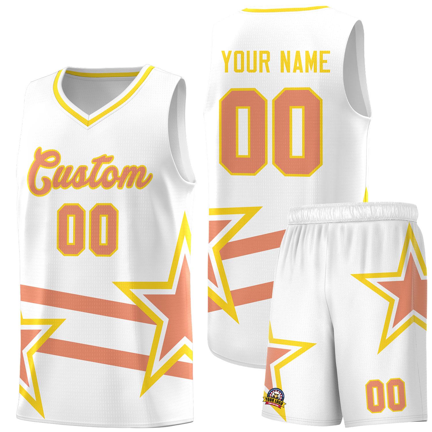 Custom White Basketball Kits With Light Orange Star Pattern And Double Lines