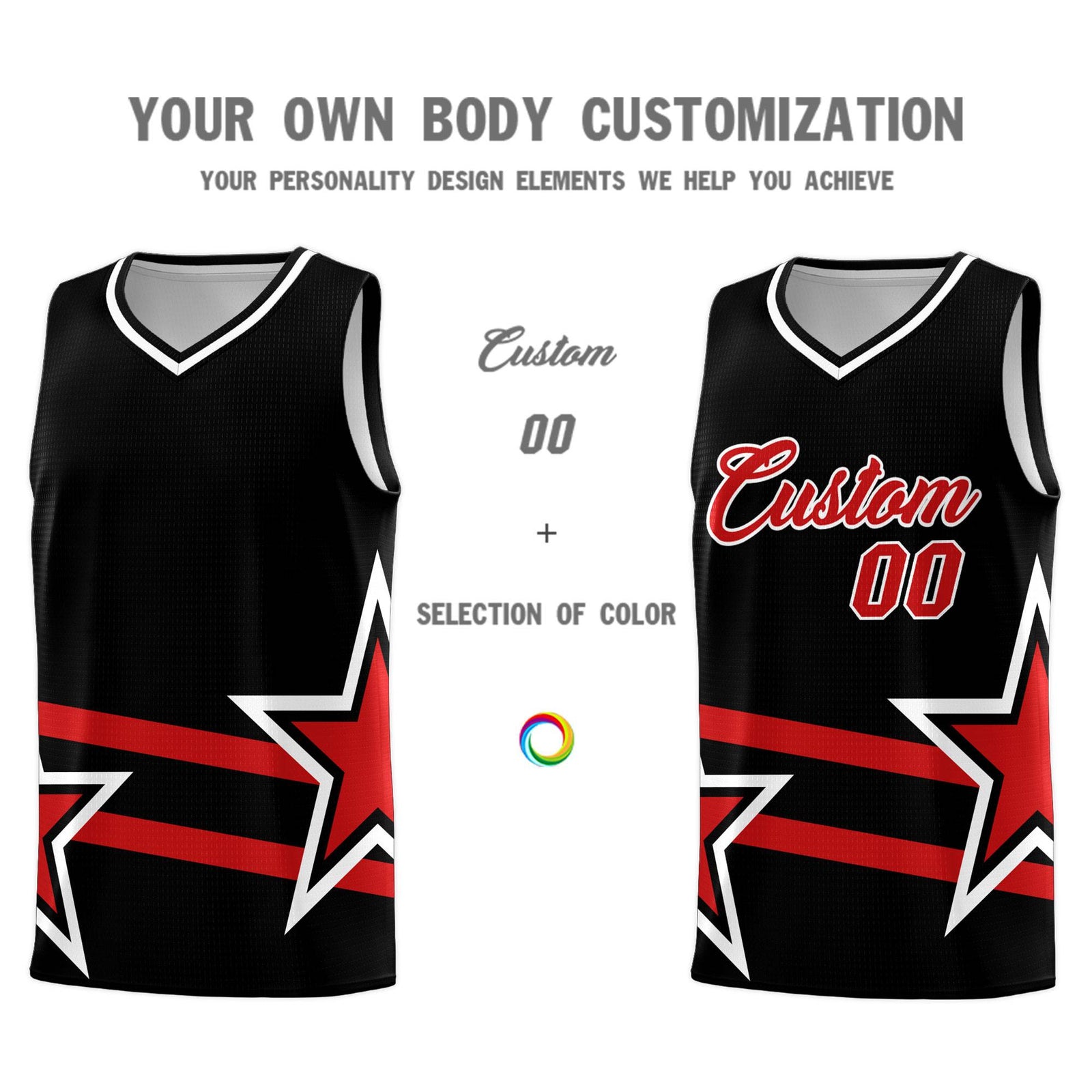 Custom Black Basketball Kits With Red Star Pattern And Double Lines