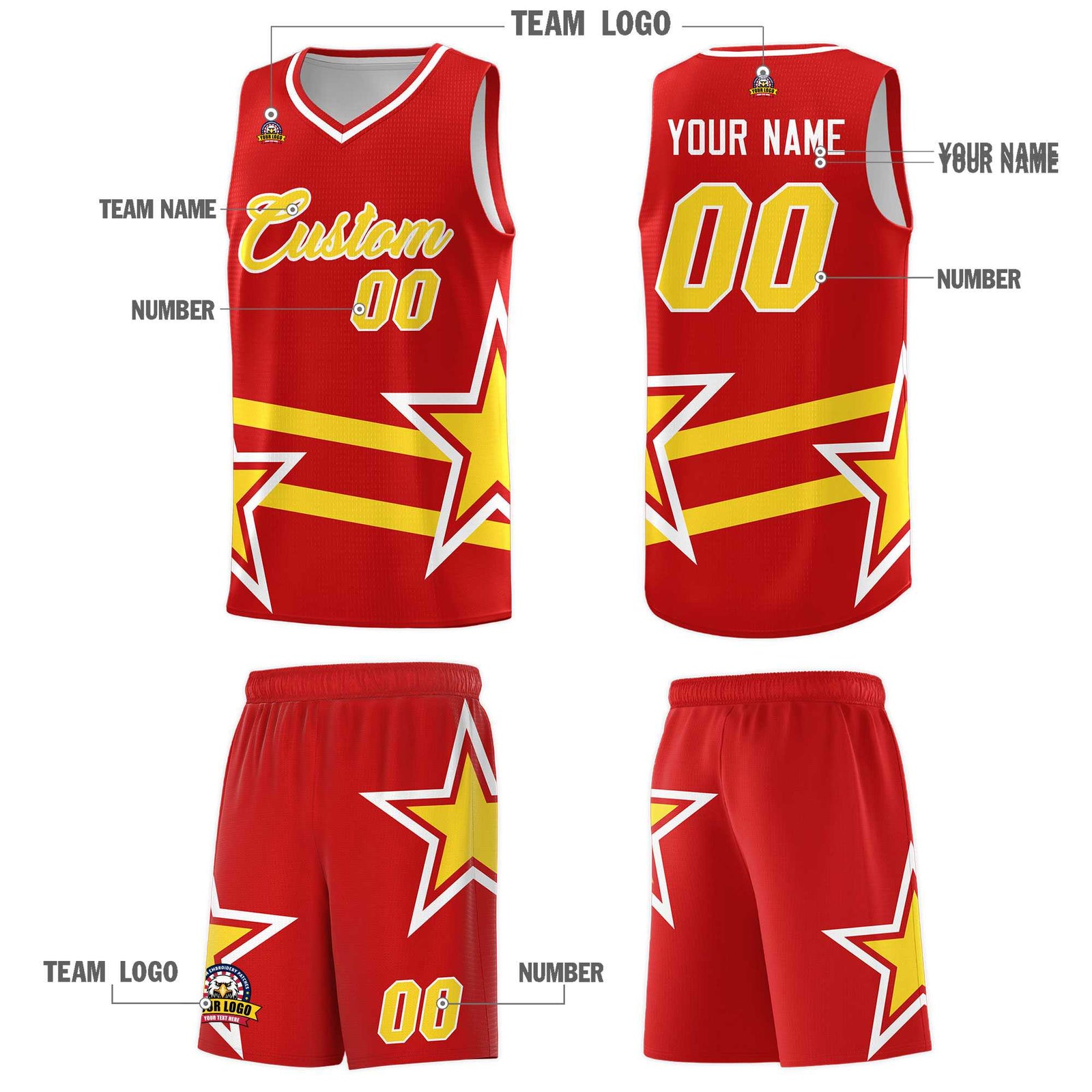 Custom Red Basketball Kits With Gold Star Pattern And Double Lines