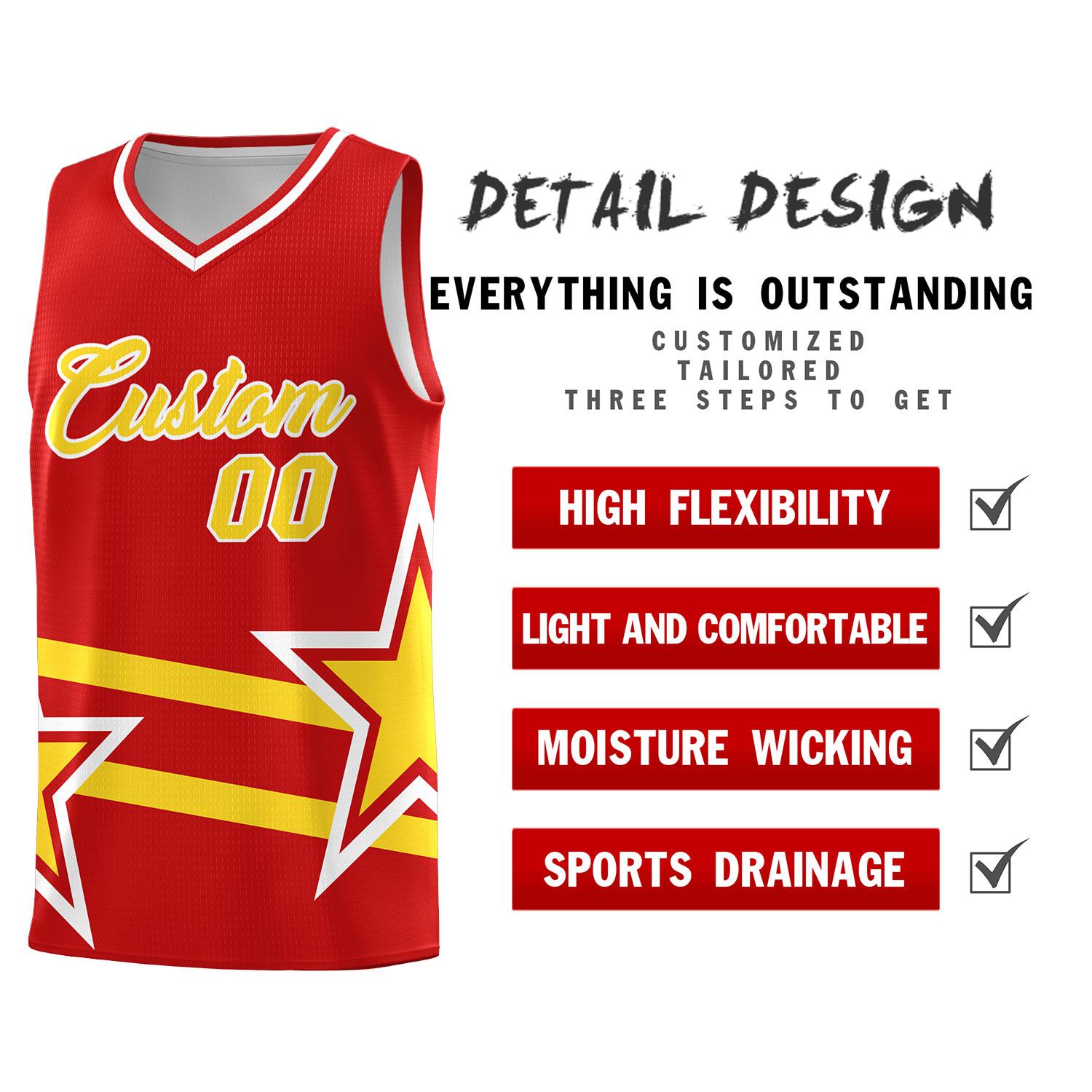 Custom Red Basketball Kits With Gold Star Pattern And Double Lines