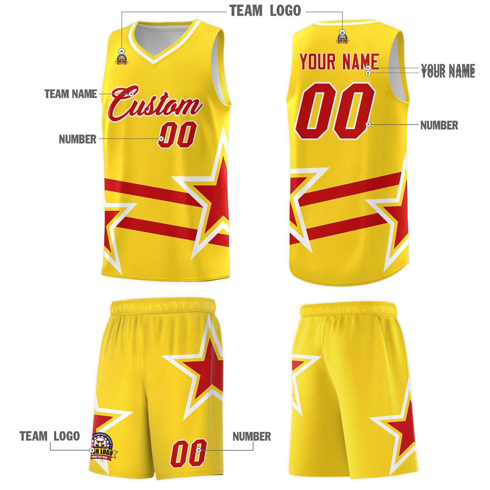 Custom Gold Basketball Kits With Red Star Pattern And Double Lines