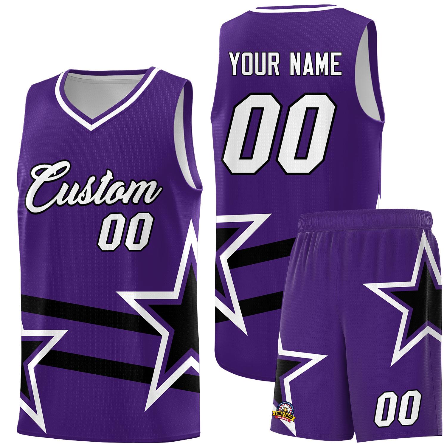 Custom Purple Basketball Kits With Black Star Pattern And Double Lines