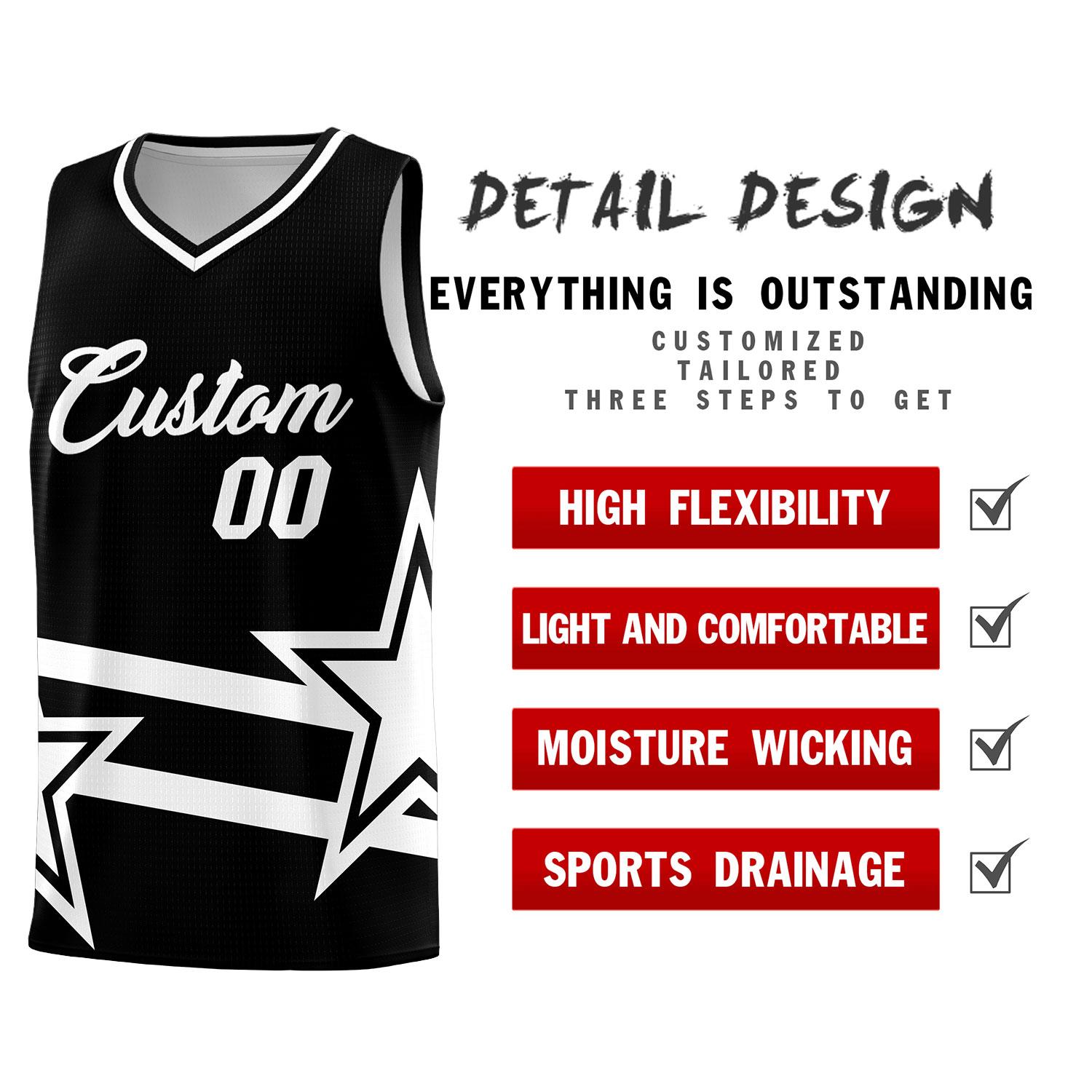 Custom Black Basketball Kits With White Star Pattern And Double Lines