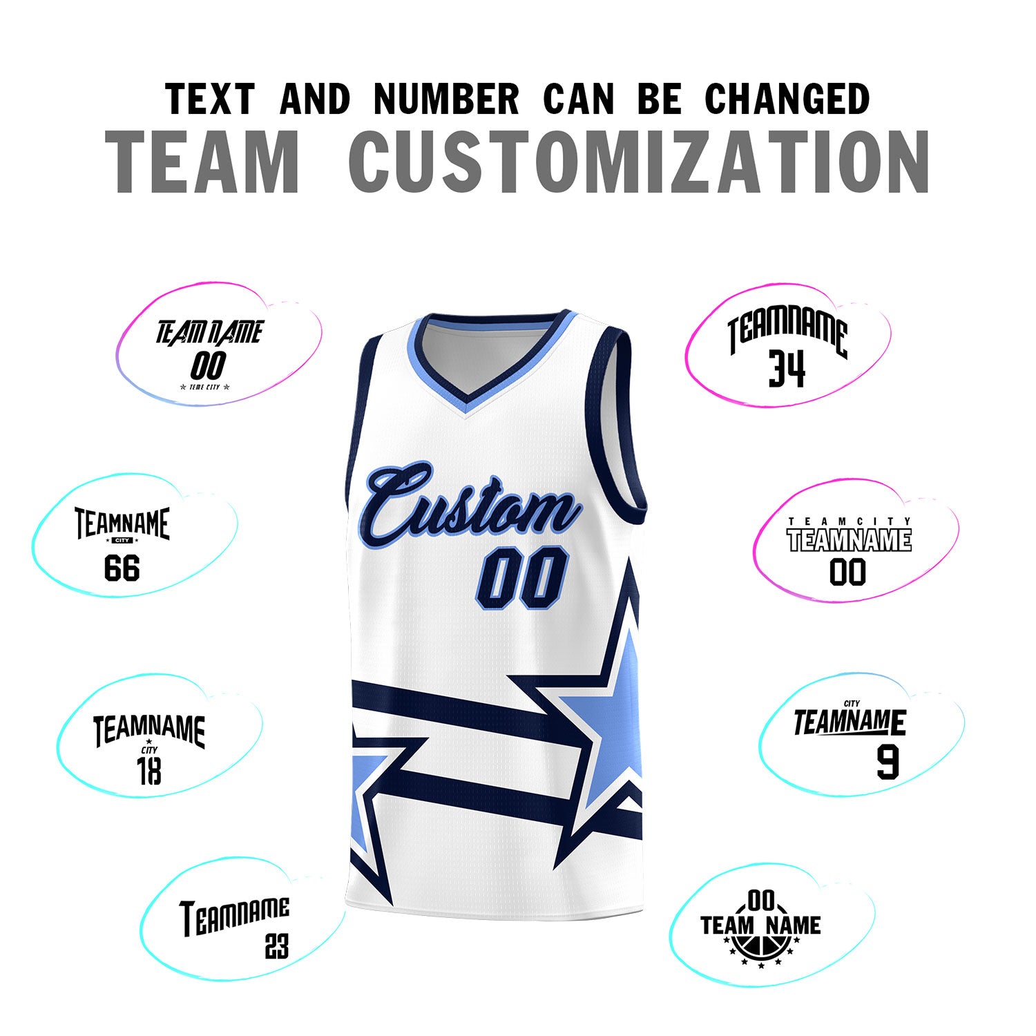 Custom White Basketball Kits With Light Blue Star Pattern And Double Lines