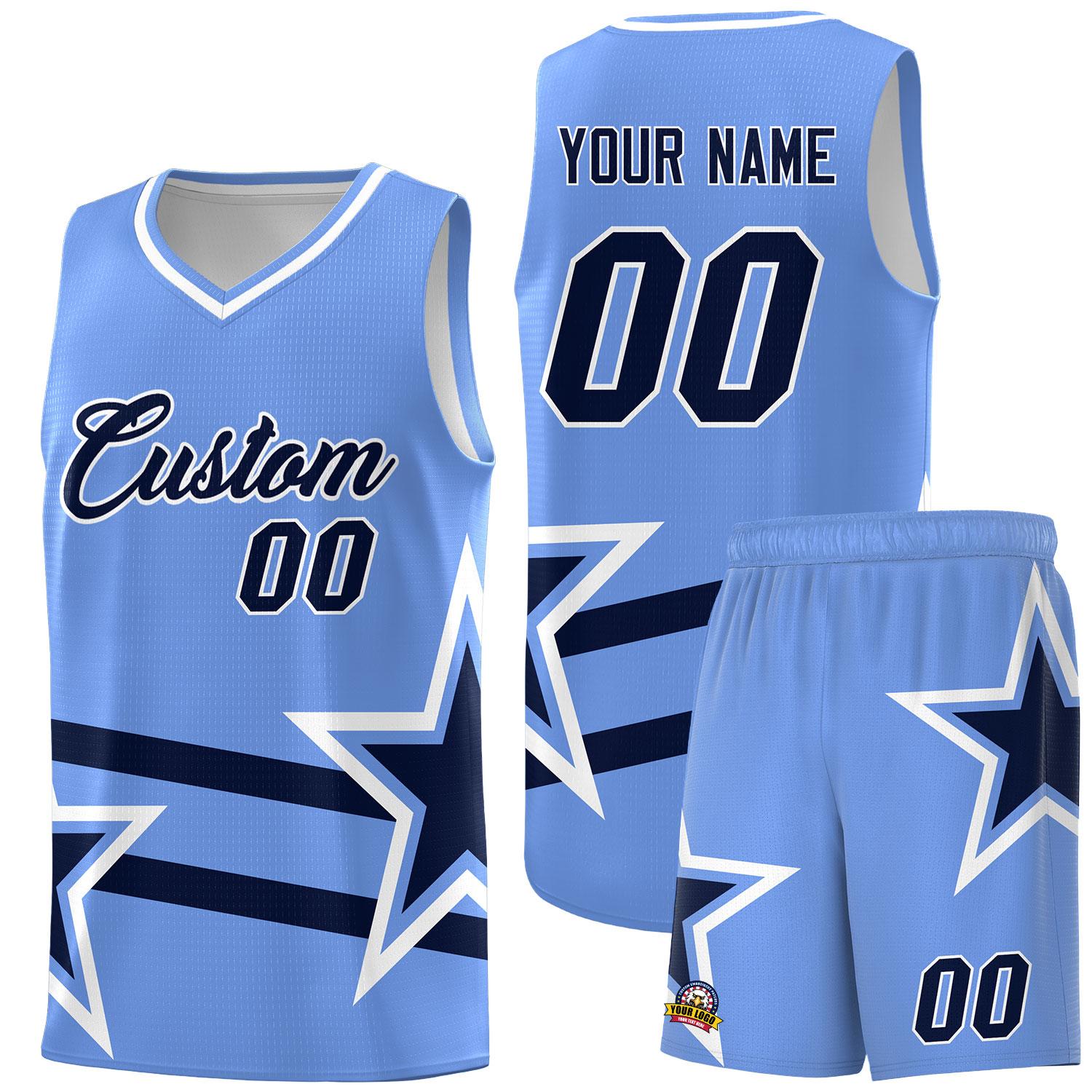 Custom Light Blue Basketball Kits With Navy Star Pattern And Double Lines