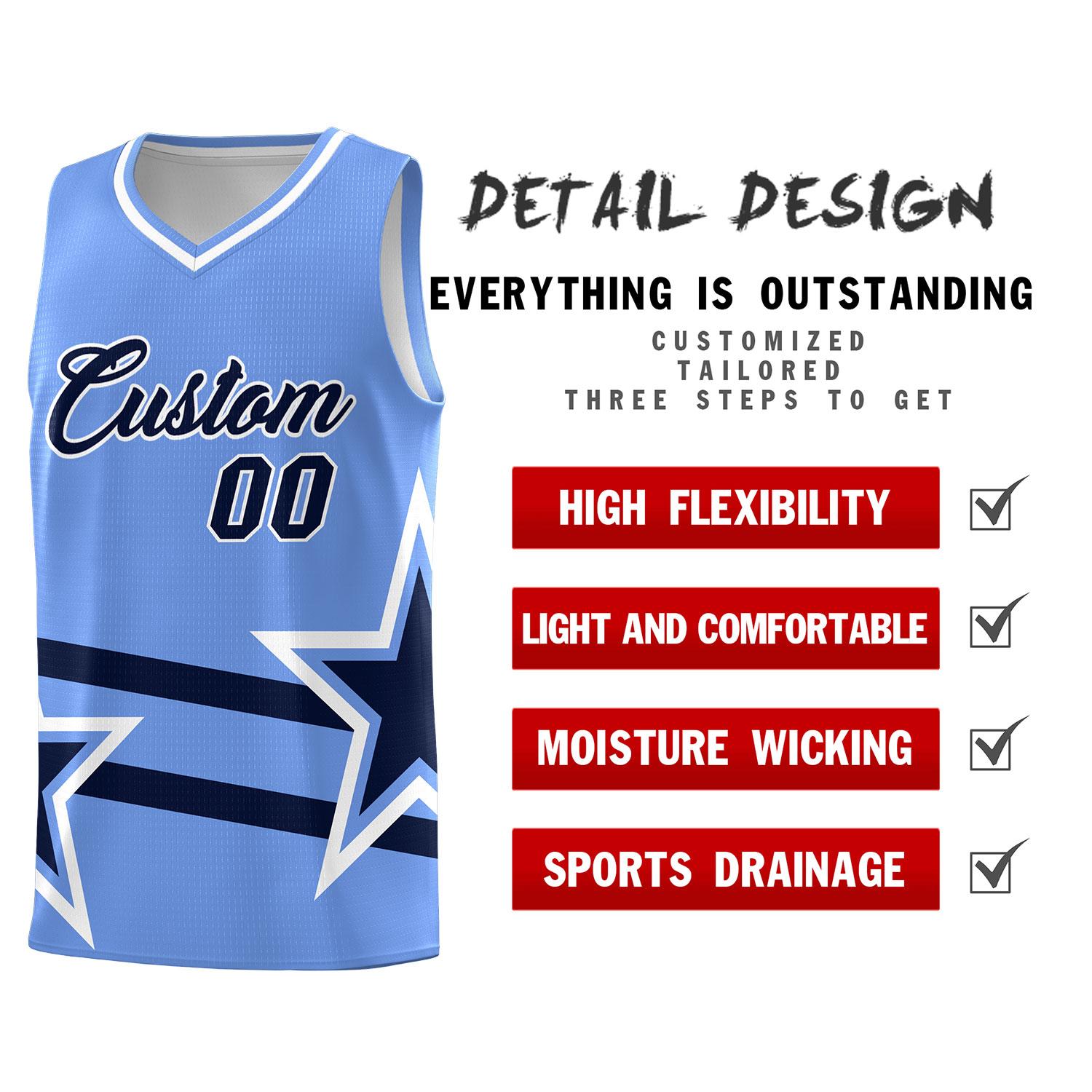 Custom Light Blue Basketball Kits With Navy Star Pattern And Double Lines