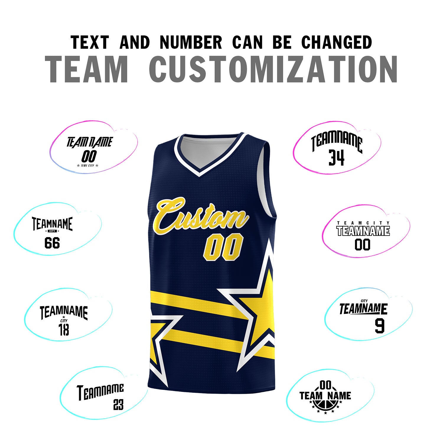 Custom Navy Basketball Kits With Gold Star Pattern And Double Lines