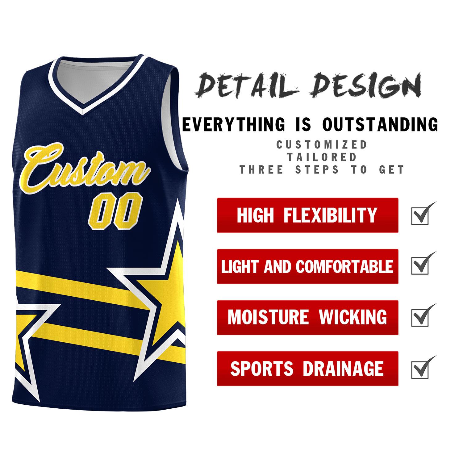 Custom Navy Basketball Kits With Gold Star Pattern And Double Lines